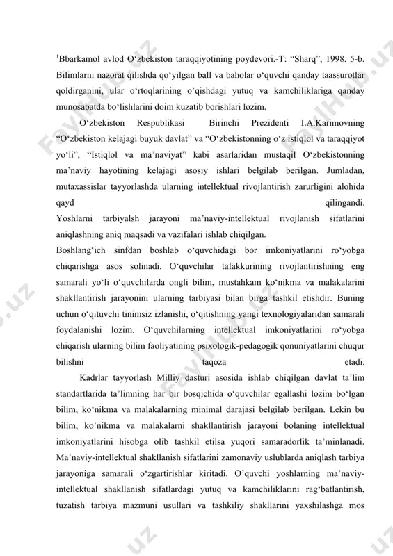 tuvchini ham qanoatlantirmaydi. o‘quvchilar bilimini nazorat qilish va baholash o‘quv yili davomida har doim muntazam amalga oshirilishi uchun reyting tizimi joriy qilinib, u ba’zan o‘tkaziladigan tasodifiy tekshirishlarni oldini oladi va tartibli doimiy baholash uchun imkoniyatlar ochib beradi. umumiy o‘rta ta’lim reyting tizimi to’g’risidagi nizomda “o‘quvchilar bilim darajasi sifatini nazorat qilishning reyting tizimini joriy etishning asosiy maqsadi nazoratning har xil turlari va shakllaridan foydalanish yo‘li bilan umumiy o’rta ta’lim davlat ta’lim standartlari talablari bajarilishini ta’minlash, ta’lim samaradorligini oshirish hamda o‘quvchilarning intellektual qobiliyatlarini rivojlantirishdan iborat”1, deb ko‘rsatiladi. hozirgi kunda uzluksiz ta’limning umumiy o‘rta ta’lim, o‘rta maxsus, kasb hunar ta’limini va oliy ta’lim bosqichlarida o‘quvchilar bilimini reyting tizimida baholanadi. baholashning bunday shakli o’quvchilarni butun o‘qish davomida o‘z bilimlarini oshirish uchun muntazam ishlashni hamda o‘z ijodiy faoliyatini takomillashtirishni rag‘batlantirish g’oyasiga asoslanadi. kadrlar tayyorlash milliy dasturida shaxsni rivojlantirishga berilgan juda katta e’tiborning boisi shundaki, faqat shaxsning kamoloti uning intellektual zakovatigina jamiyat taraqqiyotining omili bo‘la oladi. …