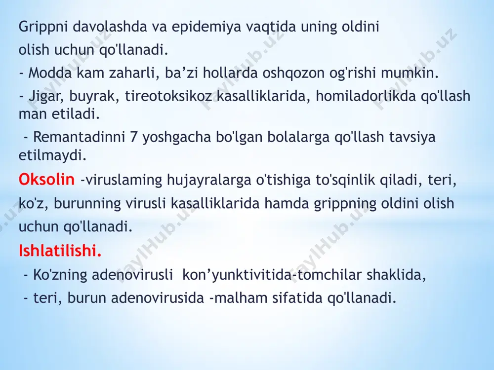 itar shakllariga qarshi ta’sir ko'rsatadi, plazmodiylarning - gamontalarini ham jarohatlaydi. modda plazmodiylaming hujayralarda bo'linishiga to'sqinlik qiladi, foli kislota almashinuvini izdan chiqaradi. xloridinning ta’siri sekin boshlanadi va uzoqroq davom etadi, chunki to'qimalarda to'planishi mumkin. bezgakning o'tkir xurujlarida xloridin xingamin bilan birga qo'llanadi, ta’siri uzoqroq davom etgani uchun bezgak xurujlarining oldini olish hamda shaxsiy profilaktika uchun qo'llanadi. xloridin bolalar uchun ancha zaharli hamda embriotoksik va teratogen ta’siri bor. yosh bolalarda xloridin leykopeniya, giperxrom anemiya, dispeptik o'zgarishlami yuzaga keltirishi mumkin. sulfanilamidlar- eritrotsitlardagi shizontlarga qarshi ta’sir ko'rsatadi, ular paraaminobenzoy kislotaga qarama-qarshi bo'lib, nisbatan kuchsiz, ko'pincha bezgakka qarshi boshqa moddalar bilan birga qo'llanadi. gistoshizotrop moddalar - xloridin, primaxin to'qimalardagi plazmodiylarga qarshi ta’sir ko'rsatadi. xloridin plazmodiylarni preeritrotsitar, primaxin paraeritrotsitar shakllarini nobud qiladi. shu bilan birga primaxin plazmodiylaming jinsiy shakliga, shizontlarga ham qarshi ta’sir etadi, modda asosan bezgakning qaytalanishini, kasallikning chivin orqali tarqalishining oldini olish uchun qo'llanadi. primaxin asosan ichishga buyuriladi. salbiy ta’sirlari: dispeptik holatlar, leykopeniya, metgemoglobinemiya, …