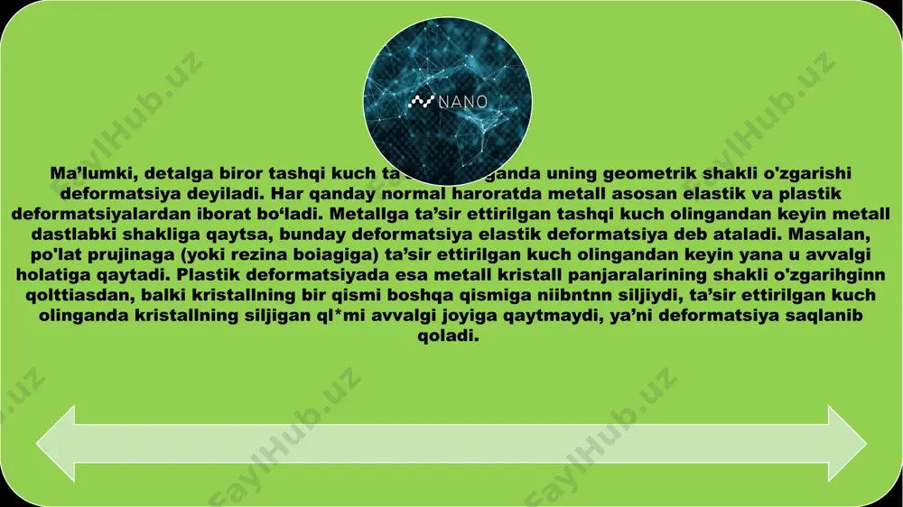 ga ( yoki rezina boiagiga ) ta’sir ettirilgan kuch olingandan keyin yana u avvalgi holatiga qaytadi . plastik deformatsiyada esa metall kristall panjaralarining shakli o'zgarihginn qolttiasdan , balki kristallning bir qismi boshqa qismiga niibntnn siljiydi , ta’sir ettirilgan kuch olinganda kristallning siljigan ql *mi avvalgi joyiga qaytmaydi , ya’ni deformatsiya saqlanib qoladi . ma’lumki , detalga biror tashqi kuch ta’sir ettirilganda uning geometrik shakli o'zgarishi deformatsiya deyiladi . har qanday normal haroratda metall asosan elastik va plastik deformatsiyalardan iborat bo‘ladi . metallga ta’sir ettirilgan tashqi kuch olingandan keyin metall dastlabki shakliga qaytsa , bunday deformatsiya elastik deformatsiya deb ataladi . masalan , po'lat prujinaga ( yoki rezina boiagiga ) ta’sir ettirilgan kuch olingandan keyin yana u avvalgi holatiga qaytadi . plastik deformatsiyada esa metall kristall panjaralarining shakli o'zgarihginn qolttiasdan , balki kristallning bir qismi boshqa qismiga niibntnn siljiydi , ta’sir ettirilgan kuch olinganda kristallning siljigan ql *mi avvalgi joyiga qaytmaydi …