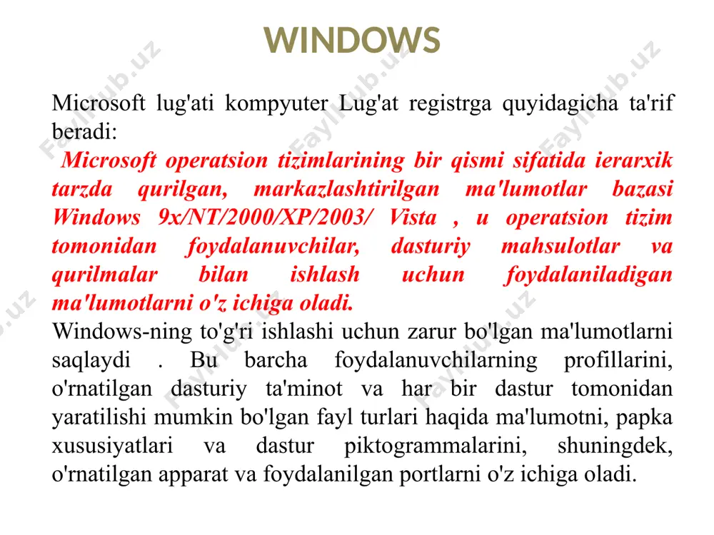 ndows ro'yxatga olish kitobi 3.1 ro'yxatga olish kitobining o'zi, daraxtga o'xshash ierarxik ma'lumotlar bazasi ( ro'yxatga olish ma'lumotlar bazasi - ro'yxatga olish bazasi) birinchi marta windows 3.1 da paydo bo'lgan (1992 yil aprel). bu reg.dat deb nomlangan bitta ikkilik fayl edi va c:\windows\ katalogida saqlangan. windows 3.1 registrida faqat bitta hkey_classes_root filiali mavjud edi. u dde va keyinchalik ole obyektlarini bog‘lash uchun xizmat qilgan. windows 3.1 da ro'yxatga olish kitobining paydo bo'lishi bilan bir vaqtda , registrni ko'rish va tahrirlash uchun regedit.exe dasturi paydo bo'ldi. birinchi registr allaqachon *.reg fayllaridan ma'lumotlarni import qilish imkoniyatiga ega edi. windows registry 3.1 da reg.dat fayli uchun maksimal hajm chegarasi 64 kb edi. o.l.e. _ _ ob'ekt ulanish va embedding , talaffuzi oh-lay [ oley ]) - microsoft tomonidan ishlab chiqilgan boshqa hujjatlar va ob'ektlarga ob'ektlarni bog'lash va joylashtirish texnologiyasi. 1996 yilda microsoft ushbu texnologiyani activex deb o'zgartirdi . dinamik ma'lumotlar exchange ( dde …