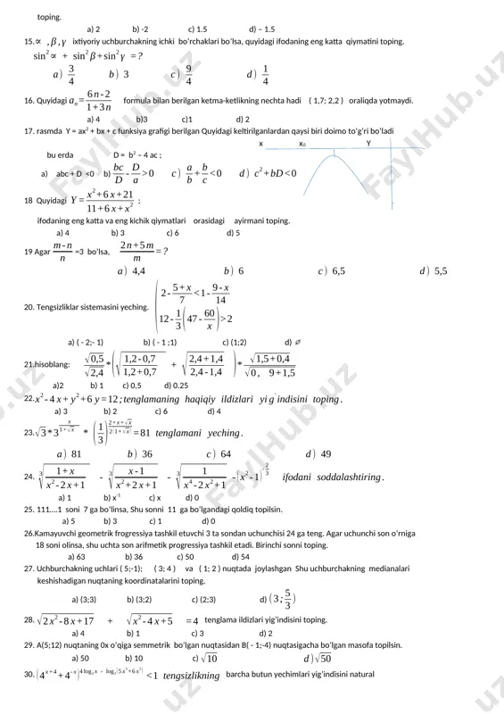 a,hisobot, makros, modul. 35. raqamli singnalni anolagli singnalga va aksinchasiga aylantirib beruvchi qurilma nomini toping. a) modem b) telefaks c) shifrator d) dishifrator 36.paskal tilida qo’yidagi dastur qismini bajarilishi natijasida ekranda chiqariladigan axborotni aniqlang: a:=’14’ ; b: =’20’ ; c = concat(b;a) ; write(c) a) 34 c) 280 b) 2014 d) 1420