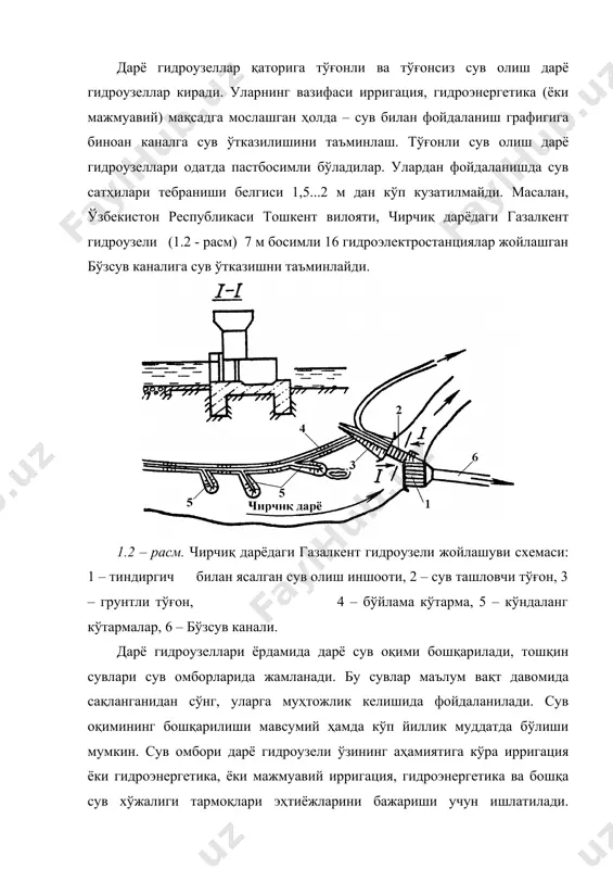 даражасига боғлиқ. ҳаво атмосферасининг зарар келтирилишини, агрессив даражасини, ифлосланилишини кўтарувчи асосий моддалари қаторига турли ёқилгилар ёқиши асосида пайдо бўлган маҳсулотлари ва химик корхоналарининг ташландиқ моддалари киради. шунинг учун шаҳарларга ва саноат объектларига яқин бўлган металлик иншоотлар қишлоқ хўжалиги ҳудудидаги қурилганларига нисбатан 2...4 мартаба каттароқ даражада зангланишга тегишли. лекин айтиш керак одатда дарё гидроузелларининг кўпчилиги шаҳарлардан узоқликда жойлашади. сув муҳити дарё гидроузели гидротехника иншоотларига кучли (интенсив) механик, физик, химик ва биологик таъсирини кўрсатади. механик таъсирлари статик, динамик ва ишқаланиш (образив) таъсирларига бўлинади. статик таъсирларига сув босими, муз ва қайта тўкилган тупроқнинг босими, гидротехника иншоотининг олдида йиғилган чўкиндилар босими ва ҳоказо киради. динамик таъсирлари ҳаракат этадиган оқимининг, сузиб келадиган йирик муз бўлакларининг, йўл қўйилмаган тўлқин ҳодисалари асосида сузиб келадиган жисмларнинг урилиши, гидравлик урилиши, сейсмик кучлар ва ҳоказо ҳосил бўлишидан пайдо этади. дарё гидроузели гидротехника иншоотига сувни физик-химик таъсири иншоот металли зангланишида, сувни музланиши ва эриши, агрессив таъсири асосида бетоннинг бузилиши, сув оқими …
