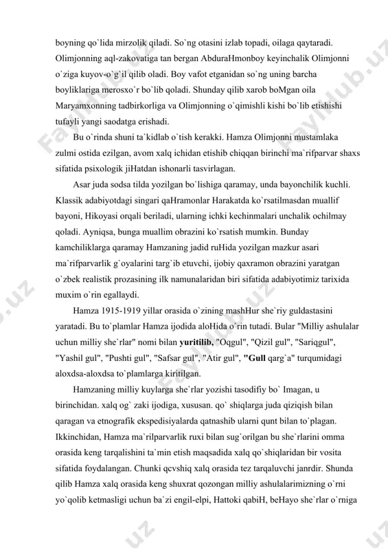 il gul", "sariqgul", "yashil gul", "pushti gul", "safsar gul", "atir gul", "gull qarg`a" turqumidagi aloxdsa-aloxdsa to`plamlarga kiritilgan. hamzaning milliy kuylarga she`rlar yozishi tasodifiy bo` imagan, u birinchidan. xalq og` zaki ijodiga, xususan. qo` shiqlarga juda qiziqish bilan qaragan va etnografik ekspedisiyalarda qatnashib ularni qunt bilan to`plagan. ikkinchidan, hamza ma`rilparvarlik ruxi bilan sug`orilgan bu she`rlarini omma orasida keng tarqalishini ta`min etish maqsadida xalq qo`shiqlaridan bir vosita sifatida foydalangan. chunki qcvshiq xalq orasida tez tarqaluvchi janrdir. shunda qilib hamza xalq orasida keng shuxrat qozongan milliy ashulalarimizning o`rni yo`qolib ketmasligi uchun ba`zi engil-elpi, hattoki qabih, behayo she`rlar o`rniga yangi matn tayyorlab berishga ishtiyoq bilan kirishadi. zamondoshlari uning bu xayrli ishlarini qo`llab-quvvatlaydilar va hamzaning tabarruk qalamidan chiqqan "milliy she`rlarni" ixlos bilan ijro eta boshlaydilar. "gul" to`plamlarining har birida 4-5 tadan, ayrimlarida esa 10 tadan oshiq she`rlar bo`lib, ularning tematik doirasi keng va xilma-xildir. to`plamlardagi she`rlar boshdan-oyoq xalqning orzu-umidlari va intilishlarini o`zida aks ettirgan. shuningdek. …