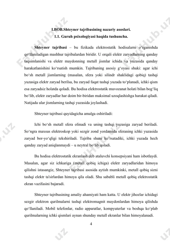 tajriba bilan mustahkamladi. qanday qilib bu tajriba o‘quvchilarga ko‘rsatib beriladi? ko‘pgina maktab va oliy ta’lim muassasalarida shteyner tajribasi laboratoriya sharoitida quyidagicha amalga oshiriladi: · ichi bo‘sh metall sfera olinadi (ikkita ajraladigan yarimsfera bo‘lishi mumkin). · uning tashqi yuzasiga statik elektr (masalan, treniye orqali) beriladi. · sferaning ichki yuzasi elektroskop yoki elektr zond bilan tekshiriladi. · natijada ichki yuzada hech qanday elektr ta’sir aniqlanmaydi — bu esa elektr zaryadlar faqat tashqi yuzada to‘planishini isbotlaydi. shtern tajribasi gaz molekulalarining issiqlik harakati tezligini aniqlaydigan tajriba. o. shtern amalga oshirgan (1920). gazlarning kinetik nazariyasi asoslari to’g’riligini asoslagan. tajribada sirti kumush qatlami bilan qoplangan platina simni elektr toki bilan qizdirilganda kumush atomlarining bug’lanishi natijasida hosil bo’lgan gazdan foydalanilgan. bug’langan kumush atomlari qarshiliksiz harakatlanishi uchun qizdiriladigan sim havosi so’rib olingan idishga joylashtirilgan. atomlar dastasini hosil qilish uchun ularning yo’liga ingichka tirqishli to’siq qo’yilgan. kumush atomlari tirqish orqali o’tib, jez plastinaga tushgan va tirqish qarshisida ingichka kumush …