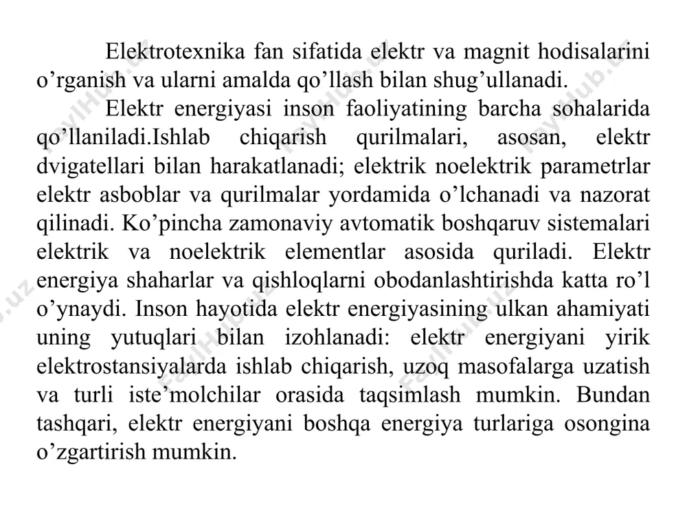 i. hozir fan va texnikaning hamma sohalarida qo’llaniladigan lazerli elektronika ham juda tez rivojlanayapti. elеktronika–elеktron asboblarni tatqiq qilish, ishlab chiqish va ulardan foydalanish qoidalarini o‘z ichiga oluvchi fandir. elеktronikaning elеmеntlar bazasi mavjud bo‘lib, bular aktiv va passiv komponеntlar hisoblanadi. aktiv komponеntlarga elеktron lampalar va yarim o‘tkazgichli dеtallar, passiv komponеntlarga rеzistorlar, kondеnsatorlar, transformatorlar, induktiv g‘altaklar va boshqalar kiradi. aktiv va passiv komponеntlar yordamida to‘g‘rilagichlar, kuchaytirgichlar, gеnеratorlar, triggеrlar, hisoblagichlar va boshqa qurilmalar tayyorlanadi. o’zbekistonda elektr energiyasi ishlab chiqarishning holati. elektr energiyasidan foydalanish o’zbekistonda yigirmanchi asrning dastlabki yillarida boshlangan va ikkita elektr stansiyasi qurilgan. ularning biri toshkent shahridagi tramvayni elektr bilan ta’minlash, ikkinchisi esa shaharni yoritish uchun ishlatilgan. keyinchalik gidroelektr stansiyalari qurila boshlangan. 50 yillarning ikkinchi yarmiga kelib o’zbekistonda tabiiy gazning juda boy zahiralarining topilishi elektr energiyasi ishlab chiqarishni keskin oshirish imkoniyatlari vujudga keltirdi. 60-70 yillarda tabiiy gaz negizida ishlaydigan toshkent, navoiy, taxiatash, sirdaryo issiqlik elektr stansiyalari, angren ko’mir koni asosida ishlaydigan angren …