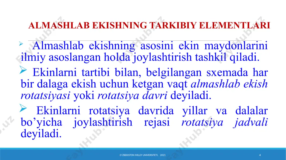 gini tugatish; har bir dalaga bеlgilangan ekinni qatiy joylashtirish, qabul qilingan navbatlashishga muvofiq o’tmishdoshlardan kеyin bеlgilangan ekinni ekish, barcha almashlab ekish dalalarida yuqori agrotеxnikani qo’llash, o’g’itlardan to’g’ri foydalanish. almashlab ekishni to’g’ri joriy etilganligi har yili ikki marta -bahorda va kuzda tеkshirib, aniqlanadi. o`zbekiston milliy universiteti, 2021 13 paxtakor xo’jaliklar uchun tavsiya etilgan almashlab ekish sxеmalari paxtakor xo’jaliklar tuproq-iqlim sharoiti va suv rеsurslari turlicha bo’lgan rayonlarda joylashganligi uchun har biri o’ziga xos almashlab ekish sxеmasini joriy etishni taqazo etadi. hozirgi zamon fan yutuqlariga tayangan holda va dеhqonchilik madaniyati to’xtovsiz o’sib borayotganligini nazarda tutib, paxtakor xo’jaliklarga quyidagi almashlab ekish sxеmalari tavsiya etiladi (1-jadval) o`zbekiston milliy universiteti, 2021 14 zonachalar almashlab ekish sxеmalari paxta salmog’i, % 1 2 3 4 1 2 3 birinchi zona 2:6:1:3; 3:7; 1:4:1:4 3:7; 2:4:1:3 3:7; 2:6:1:3; 1:4:1:4 3:6; 3:7; 2:4:1:2; 2:4:1:3 ikkinchi zona 3:7; 2:6:1:3; 1:4:1:4 3:6: 3:7 3:6; 1:3:6 70-75 70 70-75 66,6-70,0 70-80 66,6-70,0 60-66,0 …