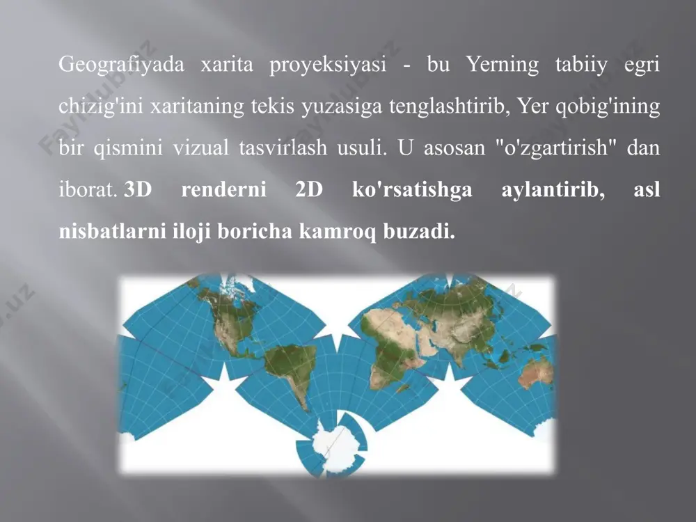 alar deb ham ataladi. bu intuitiv protsedura, ammo u boshqa proyeksiya turlari bilan yangi va imkonsiz natijalarga erishish uchun meridian va yer parallelining ixtiyoriy deformatsiyalari bilan tajriba o'tkazish imkonini beradi. ba'zi geometrik xususiyatlarni buzmasdan, yerni tekis yuzada tasvirlash texnik jihatdan mumkin emas. yerga o'xshash shaklni tekis yuzada tasvirlashning murakkabligini ma'lum darajada xarita proyeksiyasi deb nomlangan asbob yordamida hal qilish mumkin, bu sharsimon shaklni tekislikka aylantirish imkonini beradi; kenglik va uzunlik chiziqlari, shu jumladan, tegishli munosabatlar o'rtasidagi barcha ob'ektlar, shunday qilib,. buning uchun qat'iy matematik usullar juda zarur. oddiy qilib aytganda, xarita proyeksiyalari xaritalarni yaratish uchun bebaho manba bo'lib, ularning o'lchamlari, xususiyatlari va erning egri chizig'idagi joylashuvi haqiqatga o'xshaydi. barcha xarita proyeksiyalari o'zgartirish turiga yoki o'zgartirishga erishish uchun ishlatiladigan geometrik jarayonga tegishli xususiyatlarni taqdim etadi. shunday qilib, geografik proyeksiya quyidagi uchta xususiyatdan bir yoki ikkitasiga ega bo'lishi mumkin, ammo hech qanday holatda uchtasini bir vaqtning o'zida qondirib bo'lmaydi: teng masofa: proyeksiya …