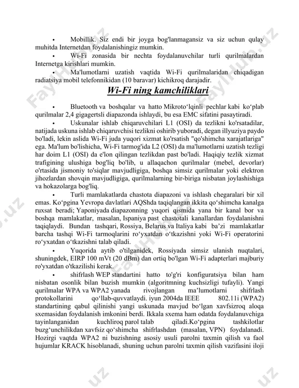 ezlikdan past bo'ladi. haqiqiy tezlik xizmat trafigining ulushiga bog'liq bo'lib, u allaqachon qurilmalar (mebel, devorlar) o'rtasida jismoniy to'siqlar mavjudligiga, boshqa simsiz qurilmalar yoki elektron jihozlardan shovqin mavjudligiga, qurilmalarning bir-biriga nisbatan joylashishiga va hokazolarga bog'liq. · turli mamlakatlarda chastota diapazoni va ishlash chegaralari bir xil emas. koʻpgina yevropa davlatlari aqshda taqiqlangan ikkita qoʻshimcha kanalga ruxsat beradi; yaponiyada diapazonning yuqori qismida yana bir kanal bor va boshqa mamlakatlar, masalan, ispaniya past chastotali kanallardan foydalanishni taqiqlaydi. bundan tashqari, rossiya, belarus va italiya kabi baʼzi mamlakatlar barcha tashqi wi-fi tarmoqlarini roʻyxatdan oʻtkazishni yoki wi-fi operatorini roʻyxatdan oʻtkazishni talab qiladi. · yuqorida aytib o'tilganidek, rossiyada simsiz ulanish nuqtalari, shuningdek, eirp 100 mvt (20 dbm) dan ortiq bo'lgan wi-fi adapterlari majburiy ro'yxatdan o'tkazilishi kerak. · shifrlash wep standartini hatto to'g'ri konfiguratsiya bilan ham nisbatan osonlik bilan buzish mumkin (algoritmning kuchsizligi tufayli). yangi qurilmalar wpa va wpa2 yanada rivojlangan maʼlumotlarni shifrlash protokollarini qoʻllab-quvvatlaydi. iyun 2004da ieee 802.11i …