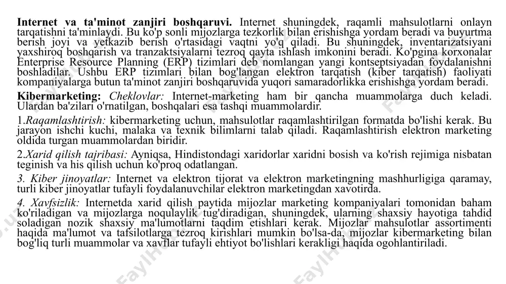 motlar, xabarlar, fayllar va boshqalarni almashish imkonini beradi.internetda mavjud bo'lgan muhim xizmatlardan ba'zilari quyidagilardir: e-mail: eng mashhur va keng qo'llaniladigan dastur. xabarlar juda tez vaqt ichida istalgan joyga yuborilishi va qabul qilinishi mumkin. bu foydalanuvchilar uchun qulay va iqtisodiy jihatdan ham tejamkor.ushbu vosita internet bilan bog'liq resurslarni jamlaydi va ma'lumotlarni taqdim etadi. ushbu saytga kirish foydalanuvchiga turli xil ma'lumotlarni olishda yordam beradi. banklar o'z mahsulotlari va xizmatlarini sotish uchun internet va veb-saytlardan (banklarning shaxsiy veb-saytlari) foydalanadilar. ushbu platformalar banklarga onlayn bank xizmatlarini taklif qilish imkonini beradi va ularning moliyaviy natijalari va ma'lumotlarini mijozlarga joylashtirish uchun ishlatilishi mumkin. swift. butunjahon banklararo moliyaviy telekommunikatsiyalar jamiyati (swift) belgiya qonunchiligi asosida tashkil etilgan kooperativ notijorat tashkilot boʻlib, bosh qarorgohi bryusselda joylashgan. swift to'liq a'zo banklarga tegishli. swift - qog'ozsiz xabarlarni uzatish tizimidir. swift ning asosiy xususiyatlari: yil davomida 24 x 7 rejimida ishlaydi. barcha xabarlar dunyoning istalgan nuqtasiga zudlik bilan uzatiladi. xabar formatlari standartlashtirilgan. …
