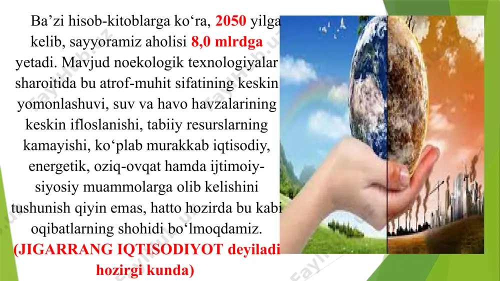 akatlari qashshoqlikni bartaraf etish choralari iqtisodiy o‘sishni kuchaytirish va ta’lim, sog‘liqni saqlash, ijtimoiy himoya va bandlikni ta’minlash, shuningdek, iqlim o‘zgarishi hamda atrof-muhitni muhofaza qilish bo‘yicha sa’y-harakatlar bilan birgalikda qabul qilinishi zarurligini tan oladilar. barqaror rivojlanish maqsadlari – bu odamlar, sayyora va umumiy farovonlik uchun harakat rejasi bo‘lib, u dunyo tinchligini mustahkamlash, qashshoqlikni barcha shakl va ko‘rinishlariga barham berishga qaratilgan. shu bilan birga, qashshoqlikka barham berish muhim vazifa bo‘lib, barqaror rivojlanishga erishish uchun zarur shartlardan biridir. brm ni o‘z vaqtida amalga oshirish, fuqarolar bilan davlat tuzilmalari, xo‘jalik boshqaruvi organlari bilan boshqa tashkilotlar o‘rtasida aloqalarini ta’minlash, brm ga erishishda parlament, hukumat va fuqarolik jamiyati institutlari bilan yaqin hamkorlikni o‘rnatish, shuningdek, har bir insonning manfaatlarini ta'minlashga qaratilgan siyosatni amalga oshirish uchun 2030- yilgacha milliy brmning bajarilishini nazorat qilish bo‘yicha parlament komissiyasi tuzildi. https://nsdg.stat.uz/uz 17 ta maqsad: o ‘ta qashshoqlikka barham berish; ochlikka barham berish; sog‘lik va farovonlik; sifatli ta’lim; gender tengligi; toza suv …