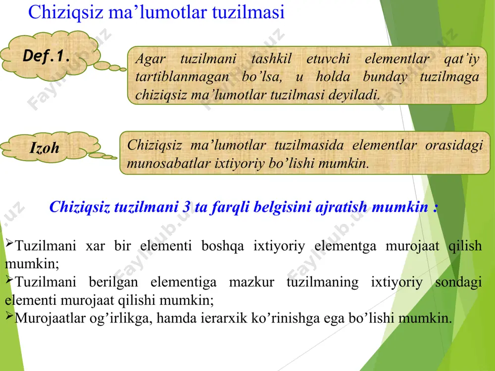 odalash chiziqsiz bogʼlangan roʼyxat koʼrinishida ifodalash * mavzu boʼyicha nazorat savollari chiziqsiz maʼlumotlar tuzilmasining oʼziga xosligi nimalardan iborat? chiziqsiz maʼlumotlar tuzilmasining klassifikatsiyasi. graf turlari: orgraf, graf, gipergraf. chiziqsiz maʼlumotlar tuzilmalarini mantiqiy tasvirlash yoʼllari. *