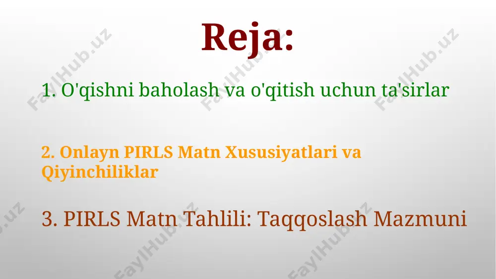 o'rsatkichlarini hisobga oladi. onlayn va qog'oz asosidagi samaradorlik onlayn pirls ma'lumot yig'ish va tahlil qilishda o'lchamini oshirish va samaradorlikni ta'minlaydi, biroq raqamli savodxonlik va teng huquqli kirishga oid tashvishlarni keltirib chiqaradi. qog'oz asosidagi pirls sinovlari texnologiya imkoniyatlaridan qat'iy nazar bir xil shart-sharoitlarni ta'minlaydi, ammo ballarni tez baholash va tahlil murakkabligi jihatidan cheklangan. ma'lumot yig'ish usullari onlayn pirls ma'lumotlari katta ma'lumotlarni boshqarish va raqamli savodxonlik muammolarini hal qilish uchun noyob usullarni talab qiladi, an'anaviy pirls matnlari esa bosma materiallar uchun o'rnatilgan usullar yordamida tahlil qilinadi. pirls matnlarini va onlayn pirls matnlarini tahlil qilishda so'rovnomalar, intervyular va kuzatishlar qo'llaniladi. tahlil esa statistik tahlil kabi miqdoriy va tematik tahlil kabi sifatli usullarni o'z ichiga oladi. xulosa va xulosalar onlayn pirls matnlari baholash uchun noyob qiyinchiliklar va imkoniyatlarni taqdim etadi. pirls tahlili matn turlarining farqi o'qishni tushunishga sezilarli ta'sir ko'rsatishini ko'rsatdi. namuna xususiyatlari namuna xususiyatlari pirls natijalariga ta'sir ko'rsatuvchi o'quvchilar demografiyasi, geografik joylashuvi va …