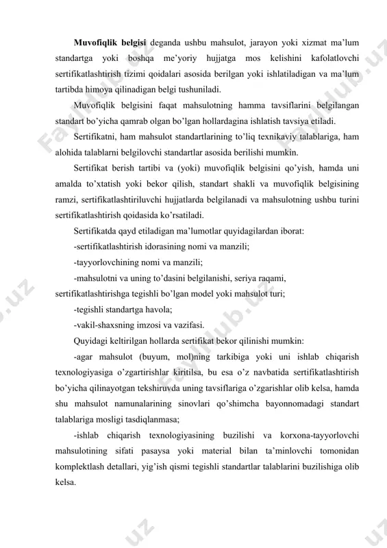mi, milliy sertifikatlashtirish tizimi smt, akkreditlashtirish milliy tizimi amt belgilanadi. quyida sertifikatlashtirilgan mahsulotlar, sifat tizimi va xizmatlarga sertifikatlarni ro’yxatga olingan raqamlari hamda akkreditatsiya guvohnomalar ro’yxat raqamlariga misollar keltirilgan. ob’ektlarni ro’yxatga olish kodlari ro’yxati № ro’yxatga olinadigan ob’ektni nomlanishi kod 1 mahsulotlarga sertifikat 01 2 xizmatlarga sertifikat 02 3 xorijiy sertifikatlar 03 4 menejment tizimiga sertifikat 04 5 menejment tizimlarini sertifikatlashtirish idoralarining akkreditlanganligi to’g’risidagi guvohnoma 05 6 mahsulotlarni sertifikatlashtirish idoralarining akkreditlanganligi to’g’risidagi guvohnoma 06 7 laboratoriyalarni (markaz) akkreditlanganligi to’g’risidagi guvohnoma 07 8 sifat bo’yicha eksperta-auditorlarni attestatlash 08 9 transport vositalarining turini maqullash 09 10 xorijiy davlatlardi attestanlangan sifat bo’yicha ekspertauditorlarning attestati 10 11 nazorat (inspeksiya) idoralarini akkreditlanganligi to’g’risida guvohnoma 11 12 bir turdagi mahsulotlarni sertifikatlashtirish tizimini ro’yxatga olish guvohnomasi 12 13 xodimlarning layoqatliligi sertifikati 13 14 muvofiqlik to’g’risidagi deklaratsiya 14 15 eksperta-metrologlar attestati 15 16 putur etkazmasdan nazorat sohasidagi xodimlarning layoqatliligi sertifikati 16 masalan, akkreditlangan sertifikatlashtirish idoralar va laboratoriyalar sifat bo’yicha …