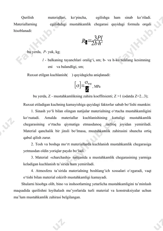 z >1 (odatda z=2...3); ruxsat etiladigan kuchning kamayishiga quyidagi faktorlar sabab bo‘lishi mumkin: 1. sinash yo‘li bilan olingan natijalar materialning o‘rtacha mustahkamligini ko‘rsatadi. amalda materiallar kuchlanishining kattaligi mustahkamlik chegarasining o‘rtacha qiymatiga etmasdanoq zaifroq joyidan yemiriladi. material qanchalik bir jinsli bo‘lmasa, mustahkamlik zahirasini shuncha ortiq qabul qilish zarur. 2. tosh va boshqa mo‘rt materiallarda kuchlanish mustahkamlik chegarasiga yetmasdan oldin yoriqlar paydo bo‘ladi. 3. material «charchashi» natijasida u mustahkamlik chegarasining yarmiga keladigan kuchlanish ta’sirida ham yemiriladi. 4. atmosfera ta’sirida materialning boshlang‘ich xossalari o‘zgaradi, vaqt o‘tishi bilan material eskirib mustahkamligi kamayadi. shularni hisobga olib, bino va inshootlarning yetarlicha mustahkamligini ta’minlash maqsadida qurilishni loyihalash me’yorlarida turli material va konstruksiyalar uchun ma’lum mustahkamlik zahirasi belgilangan. qattiqlik. materialning unga boshqa qattiqroq jism botib kirishiga qarshilik ko‘rsatish xossasiga qattiqlik deb ataladi. qattiqlik mustahkamlikka bevosita bog‘liq emas. bir jinsli tosh materiallarining qattiqligi-qattiqlik shkalasi (moos shkalasi) bo‘yicha aniqlanadi. bu shkalada maxsus tanlangan o‘n jinsli materiallar shunday tartibda joylashganki, ularning …