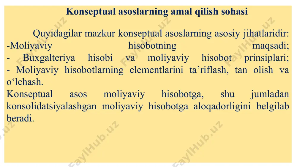 larini, pensiyalarini va keyinchalik ham yollash bо‘yicha ishlash imkoniyatlarini ta’minlash qobiliyatiga baho berish imkonini yaratadigan axborotdan manfaatdordirlar; -resurslarning taqsimlanishi va binobarin, subyektlarning faoliyati tо‘g‘risidagi axborotdan manfaatdor bо‘lgan davlat boshqaruvi organlarida. ularga ham xо‘jalik yurituvchi subyektning faoliyatini tartibga solib turish, soliqqa tortish siyosatini belgilash uchun va milliy daromadni hamda boshqa statistik ma’lumotlarni aniqlash uchun asos sifatida axborot kerak; -jamoatchilikda ham, chunki xо‘jalik yurituvchi subyektlar mahalliy iqtisodiyotga kо‘pgina usullar bilan, shu jumladan aholini ish bilan ta’minlash va mahalliy mahsulot yetkazib beruvchilarni qо‘llab-quvvatlash bilan katta hissa qо‘shishi mumkin. moliyaviy hisobot jamoatchilikni taraqqiyot yо‘nalishlari va xо‘jalik yurituvchi subyektlarning farovonligini yaxshilashda erishilgan sо‘nggi yutuqlar tо‘g‘risidagi axborot bilan ta’minlab, ularga yordam beradi. moliyaviy hisobotning maqsadi : buxgalteriya hisobi subyektining hisobot sanasidagi moliyaviy holati, hisobot davridagi uning faoliyatini moliyaviy natijasi va pul mablag‘larining harakati tо‘g‘risidagi axborotni taqdim etish hisoblanadi. biroq moliyaviy hisobot iqtisodiy qarorlar qabul qilish uchun foydalanuvchilarga zarur bо‘lgan barcha axborotni о‘z ichiga olmaydi, chunki hisobot …