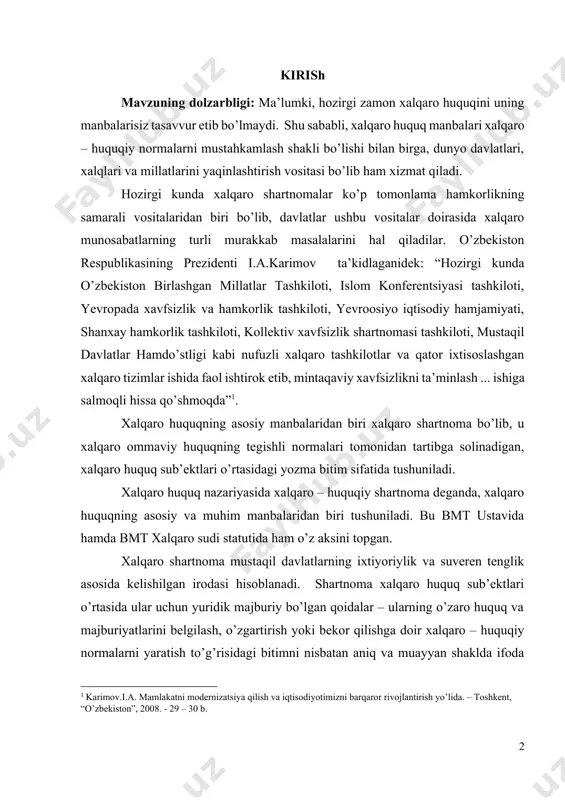 artnoma mustaqil davlatlarning ixtiyoriylik va suveren tenglik asosida kelishilgan irodasi hisoblanadi. shartnoma xalqaro huquq sub’ektlari o’rtasida ular uchun yuridik majburiy bo’lgan qoidalar – ularning o’zaro huquq va majburiyatlarini belgilash, o’zgartirish yoki bekor qilishga doir xalqaro – huquqiy normalarni yaratish to’g’risidagi bitimni nisbatan aniq va muayyan shaklda ifoda etadi. zamonaviy xalqaro huquqning aksariyat normalari shartnoma xususiyatiga ega[footnoteref:2]. [2: lukashuk i.i., saidov a.x. hozirigi zamon xalqaro huquqi nazariyasi asoslari: darslik. – toshkent: «adolat», 2006. – 54-b.] shartnomaviy tartibga solish sohasining muntazam kengayib borishi xalqaro munosabatlar rivojlanishining qonuniyati hisoblanadi. xalqaro shartnomalar huquqi to’g’risidagi 1969 yilgi vena konventsiyasi shartnomalarning tobora o’sib borayotgan ahamiyatini, xaqaro huquq manbai va ijtimoiy tuzumidan qat’i nazar, davlatlar hamda millatlar o’rtasidagi tinch hamkorlikni rivojlantirish vositasi sifatida qayd etiladi. hozirgi zamon xalqaro huquqiga xos bo’lgan eng muhim jihatlardan biri ko’p tomonlama shartnomalar soni va mavqeining ortib borayotganidir. hozirga qadar birgina mdh doirasida 200 dan ziyod shartnomalar imzolangan. bu jarayonning kelajakda yanada …