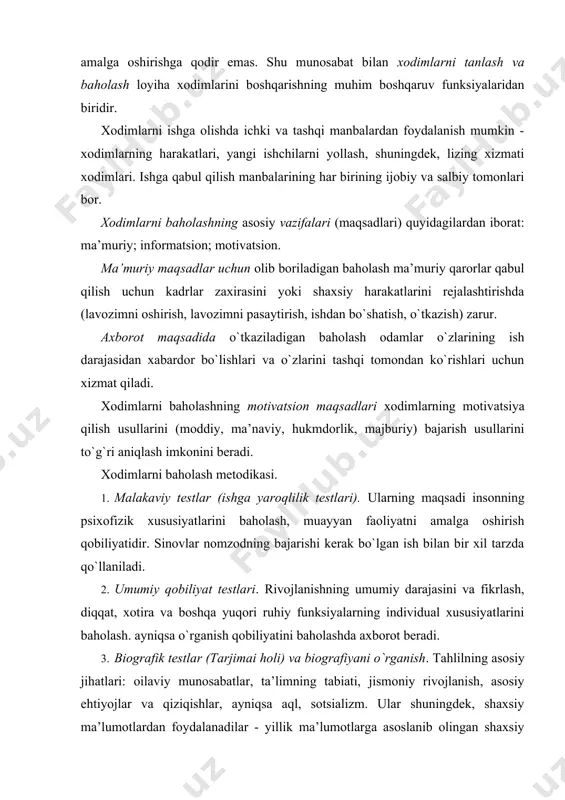 i kuzatiladi, uning asosida uning istiqbollari to`g`risida xulosa chiqariladi. 4. shaxsiyat testlari. shaxsiy shaxsiyatning rivojlanish darajasini baholash yoki shaxsni muayyan turga qarab baholash uchun psixodiagnostik testlar amalga oshiriladi, aksincha, odamning muayyan turdagi xulq-atvor va potensial qobiliyatlarga moslashuvi baholanadi. 5. intervyu. suxbat, tajriba, bilim darajasi va talabnoma beruvchining professional muhim sifatlarini baholash bo`yicha ma’lumot yig`ishga qaratilgan. ishga qabul qilish uchun intervyu nomzod haqida chuqur ma’lumot berishi, boshqa baholash usullari bilan taqqoslanishi mumkin, aniq va taxminiy ma’lumotlarga erishish mumkin. 6. tavsiyalar. taniqli va hurmatga sazovor bo`lgan kompaniyalar, ayniqsa, bunday hujjatlarning bajarilishini talab qiladilar - tavsiyanomani olish uchun ushbu tavsiyani taqdim etgan shaxsning bevosita menejeridan ma’lumot talab qilinadi. tavsiyalar tashkilotning barcha tafsilotlari va hisobot uchun koordinatalar tomonidan beriladi. agar siz xususiy shaxs tavsiyalarini olgan bo`lsangiz, ushbu shaxsning maqomiga e’tibor qarating. agar mutaxassisga tavsiyanomalar mutaxassislar doiralarida juda yaxshi tanilgan shaxs tomonidan taqdim etilsa, u holda bu tavsiya yanada oqilona bo`ladi. loyihani amalga oshirishda loyiha …