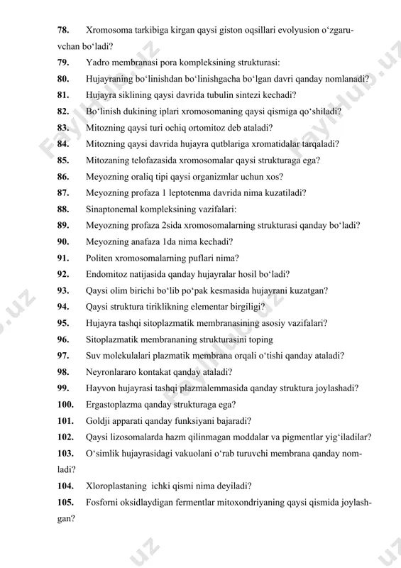 day strukturaga ega? 101. goldji apparati qanday funksiyani bajaradi? 102. qaysi lizosomalarda hazm qilinmagan moddalar va pigmentlar yig‘iladilar? 103. o‘simlik hujayrasidagi vakuolani o‘rab turuvchi membrana qanday nomladi? 104. xloroplastaning ichki qismi nima deyiladi? 105. fosforni oksidlaydigan fermentlar mitoxondriyaning qaysi qismida joylashgan? 106. ikkita akson o`simtasi o`rtasida sodir bo`ladigan sinaps qaysi? 107. birinchi neyron aksoni bilan ikkkinchi neyron dentrite o`simtasi tutashgan sinaps qaysi? 108. sekeret hosil qiluvchi hujayra nima deyiladi? 109. kubsimon bir qator joylashgan hujayra qaysi? 110. nerv to`qimalari organizmning embrional rivojlanish davrida murtakning qaysi qavatidan hosil bo`ladi? 111. gliya hujayralariga nisbatan ko`p uchraydiagn hujayra qaysi? 112. qaysi hujayrada mayda kiprikchalar bo`lib ular muttasil tebranib turadi ? 113. mushak hujayrasida qaysi organoid sust rivojlanadi? 114. miozin protofibrillalar diametri qancha? 115. mushak sirtdan o`rab turuvchi biriktiruvchi to`qima parda nima deb ataladi? 116. qaysi olim taklif etgan ukku xil protofibrillalarning sipanish nazaryasi eng keng tarqalgan? 117. yo`g`on protofibrillalar qaysi oqsildan iborat? 118. …