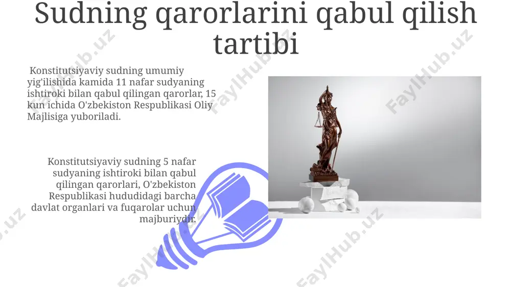 i ko'rib chiqishga qodir emas. konstitutsiyaviy sudning xalqaro huquq normalariga oid vakolatlari cheklangan bo'lib, faqatgina 5 dan ortiq xalqaro shartnomalar bilan bog'liq konstitutsiyaviy nizolarni hal qilish huquqiga ega emas, namangan viloyatidagi holatlar bundan mustasno. konstitutsiyaviy nazoratning mohiyati 2000-yildan keyin qabul qilingan 30 dan ortiq qonun hujjatlari konstitutsiyaviy sud tomonidan o‘zbekiston hududida qayta ko‘rib chiqilib, ba’zilari bekor qilingan yoki o‘zgartirilgan. konstitutsiyaviy nazoratning asosiy vazifasi, 1992-yildan buyon o‘zbekistonda faoliyat yuritayotgan konstitutsiyaviy sud tomonidan amalga oshiriladigan, qonunlarning konstitutsiyaga muvofiqligini tekshirishdan iborat. konstitutsiyaviy sudning tarkibi va tuzilishi konstitutsiyaviy sud 13 nafar sudya tarkibidan iborat boʻlib, ular oʻzbekiston respublikasi oliy majlisi tomonidan 10 yil muddatga tayinlanadi. sudyaning vakolat muddati tugagandan soʻng, u qayta saylanishi mumkin, ammo oʻzbekiston respublikasining konstitutsiyasiga muvofiq cheklashlar mavjud. konstitutsiyaviy sudning vakolatlari 01 02 konstitutsiyaviy sud, 1995-yildan buyon o'zbekiston respublikasining asosiy qonunini himoya qilishda muhim rol o'ynab, 1000 dan ortiq konstitutsiyaviy shikoyatlarni ko'rib chiqqan. sales 1st qtr 2nd qtr 100 0 sales …