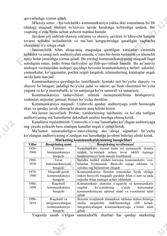 iq xizmat ko’rsatish» agentliklari tobora keng tarqalmoqda. ular savdo reklama siyosatining umumiy va ayrim masalalari bo’yicha o’z mijozlariga maslahatlar beradi, u yoki bu tovarni chiqarishning maqsadga muvofiqligi haqida sanoat firmalariga tavsiyalar tayyorlaydi, reklama kompaniyasining rejasi va smetasini tuzadi, uni o’tkazishning muddatlari va davriyligini belgilaydi, reklama kompaniyasi rejasiga muvofiq holda o’rinlar va xizmatlarni sotib oladi, tadbir o’tkazish vaqtini belgilaydi, reklamani tayyorlashni amalga oshiradi. shunday qilib, «to’liq xizmat ko’rsatish» agentligi reklama kompaniyasini ishlab chiqish bilan birga marketing bilan bog’liq ko’pgina xizmatlarni bajaradi. aqshda besh mingdan ortiq firma reklama agentligi tarzida ish olib boradi. ammo asosiy ish bir necha yirik tashkilot hissasiga to’g’ri keladi. yirik agentliklar yirik reklama beruvchilarga xizmat ko’rsatadi. yirik reklama beruvchilar esa nisbatan katta bo’lmagan tovarlar guruhi: oziq-ovqat mahsulotlari, dori-darmonlar, kasmetika vositalari, avtomobillar, tamaki mahsulotlari va shunga o’xshashlar doirasida ish olib boradi. ishlab chiqaruvchilar keng ko’lamli umummilliy reklama yordamida iste’molchiga tovarni ilgariroq sotishga va xaridorlarda o’z markasiga mansub tovarlar ixlos …