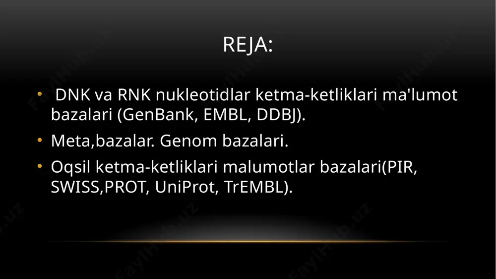 lar (pathway), genlar (genlar), ligandlar (ligand) va boshqalar ma'lumotlar bazalari. kegg metabolik yo'l xaritalari, brite funktsional ierarxiyasi va kegg modullari mutaxassislar tomonidan qo'lda yaratiladi va kuratorlanadi. ishlab chiquvchilarning fikriga ko'ra, genlar, oqsillar, kichik molekulalar, reaktsiyalar, o'zaro ta'sirlarni birlashtirib, kegg biologik tizimlarning "elektron ko'rinishi" hisoblanadi blast biologik ketma-ketliklar o'rtasidagi o'xshashlikni topadi. dastur ketma-ketlik ma'lumotlar bazasida nukleotid yoki oqsillarni taqqoslaydi va statistik ahamiyatini hisoblaydi. flybase - bu drosophilidae hasharotlar oilasi uchun bioinformatika bo'yicha onlayn ma'lumotlar bazasi va genetik va molekulyar ma'lumotlarning asosiy ombori. eng ko'p o'rganilgan turlar va model organizmlar uchun drosophila melanogaster, turli formatlarda keng ko'lamli ma'lumotlar taqdim etilgan flybase-dagi ma'lumotlar keng ko'lamli genom loyihalaridan tortib asosiy tadqiqot adabiyotlarigacha bo'lgan turli manbalardan kelib chiqadi. ushbu ma'lumotlar turlari mutant fenotiplarni o'z ichiga oladi ; mutant allellarning molekulyar tavsifi ; va boshqa og'ishlar, sitologik xaritalar, yovvoyi turdagi ifodalari, anatomik tasvirlar, transgen konstruktsiyalar va qo'shimchalar, ketma-ketlik darajasidagi gen modellari va gen mahsuloti funktsiyalarining molekulyar …