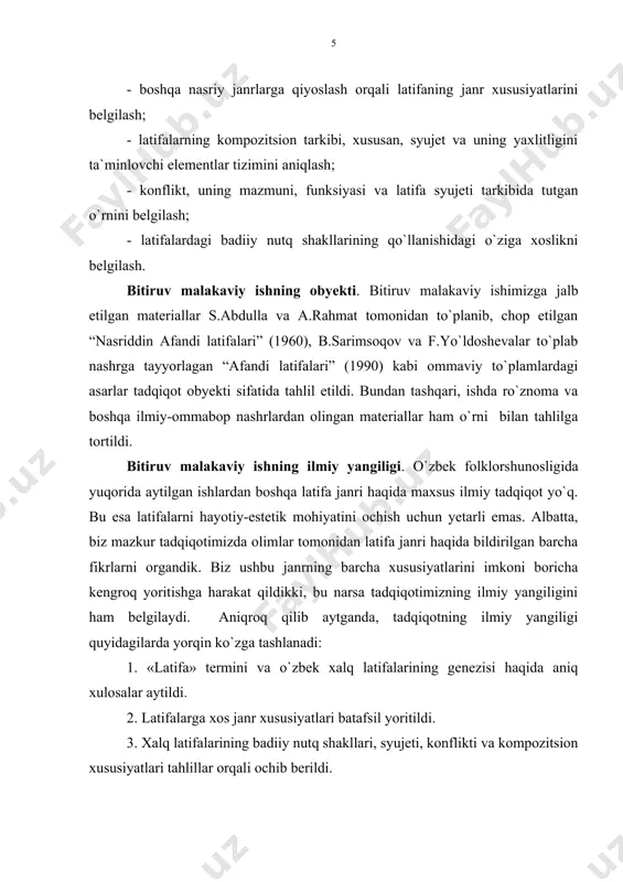 tur “doston, ertak, afsona, rivoyat, lof, latifa”, - kabi janrlarni o`z ichiga oladi. o`zbek xalq nasriy janrlarini tasnif qilish tajribasini boshlab bergan k.imomov nasriy turga oid asarlarni ikki katta turkumga ajratadi. “birinchi turkumga asosan naqliy asarlar - ertak, matal, mif va og`zaki hikoya, latifa va loflar, ikkinchi turkumga esa, asosan, tarixiy fakt bilan bog`liq bo`lgan asarlar - afsona va rivoyatlar kiradi”,- deydi. tasniflashda janrlarning asosan badiiylik darajasi, ya`ni xayoliy yoki hayotiyligi, syujet va kompozitsiyasining o`ziga xosligi, motivlari, funksional-semantik xususiyatlari e`tiborga olingan. o`zbek folklorining janrlar tarkibini mukammal tasnif qilgan professor b.sarimsoqov eposni “afsona, naql, rivoyat, ertak, doston, terma, tarixiy qo`shiq, latifa, loflar”, - kabi janrlarga ajratgan. janrlar o`ziga xos hayotiy qamrovi, yaxlit poetik tizim, maishiy yo`nalganligi, ijro shakli va musiqa bilan aloqadorlik kabi jihatlariga qarab belgilangan. yana “folklor asarlariga xos xossalar o`z navbatida o`ta umumiy va xususiy bo`lishi mumkin”ligi haqida aytiladiki, bu mezon biz uchun latifa janrining barqaror, muhim xossasini aniqlab, …