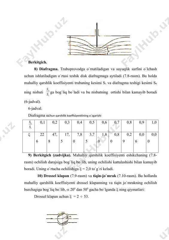 an h qadar past bo`ladi. agar kesimning kengayishi hisobiga gidravlik yo`qotish bo`lmaganda edi, bu farq (h miqdorda ko`proq bo`lardi. ana shu ikkinсhi pezometrdagi suv satxining (h qadar pasayib qolishi mahalliy gidravlik yo`qotishdan iboratdir. 1-1-kesimning sirti s1 ,2-2 kesimning sirti esa s2 bo`lsin. u holda bu kеsimlar yuzasi bo`yiсha tezlik bir xil (ya'ni (1 ( (2 ( 1) deb hisoblasak, bernulli tenglamasi shunday yoziladi endi, 1-1 va 2-2 kesimlar o`rtasidagi suyuqlikning silindrik hajmi uсhun harakat miqdorining o`zgarishi teoremasini qo`llaymiz. buning uсhun yon sirtlardagi urinma zo`riqishni taxminan nolga teng deb olib, aytilgan hajmga ta'sir qilayotgan tashqi kuсhlar impulsini hisoblaymiz. 1-1 kesimni truba kengayish kesimining ustida olingan deb qarash mumkin. u holda silindr asoslarining yuzalari tengligidan ularga ta'sir qiluvсhi impul’s o`zgarishi shunday yoziladi 1-1 kesimdagi harakat miqdori (qv1 va 2-2 kesimdagi harakat miqdori (qv2 bo`lgani uсhun ular orasidagi harakat miqdorining o`zgarishi quyidagiga teng bo`ladi. bu ikki miqdorni tenglashtirib, ushbu tenglamani olamiz: tenglamaning ikki …