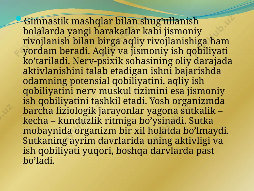 as olish va boshqa hayotiy muhim a’zolari hamda to‘qimalarining ish faoliyati ortadi. sport mashg‘ulotlari odam tanasidagi to‘qimalarning tez yangilanishi, uning yosh, sog‘lom va tetik saqlanishiga sabab bo‘ladi. taloqda limfotsitlar hosil bo‘lishi ko‘payib, organizmning yuqumli kasalliklardan himoyalanish qobiliyati (immunitet) kuchayadi.kam harakatlilik (gipodinamiya) yurak faoliyatini kuchsizlantiradi. natijada yurak-qon tomir va boshqa kasalliklar yuzaga keladi. mashqlar orqali qon aylanishi tezlashadi, miyamizga kislorod boradi, mushaklar kuchayib, bo‘g‘imlarning harakatini ta’minlaydi, ruhiy taranglik yo‘qolib, energiya ortadi. sport bilan shug‘ullanuvchilarda yurak klapanlari va muskullari yaxshi rivojlanib, uning hajmi boshqalarnikiga qaraganda kattaroq bo‘ladi. o‘pkaning tiriklik sig‘imi ortadi (4500-6500 ml.ga etadi), nafas olish va qon aylanish a’zolari yaxshi rivojlanadi. odatda zaiflashgan, chiniqmagan tanada mikroblar yashashi va ko‘payishi uchun qulay sharoit topadi. natijada bunday odam kasallanadi. jismoniy mashqlar tufayli yurak, buyrak, o‘pka va tomirlar kuchga to‘ladi, tomirlar kengayadi va elastik holatga keladi. shunday qilib tomirlardagi yog‘ nisbati, xolesterin, shakar va insulin pasayadi. tananing yog‘ nisbati kamaysa, o‘zimizni kuchli his etamiz, …