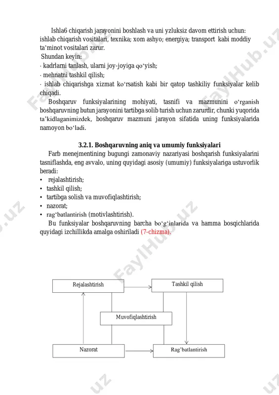 logiyasini ishlab chiqish; • mehnat normalari, materiallar sarfini belgilash; • asbob-uskunalarni tayyorlash kabi ishlarni bajarish bilan bog‘liq funksiyalar paydo bo‘ladi. ishla6 chiqarish jarayonini boshlash va uni yzluksiz davom ettirish uchun: ishlab chiqarish vositalari, texnika; xom ashyo; energiya; transport kabi moddiy ta’minot vositalari zarur. shundan keyin:  kadrlarni tanlash, ularni joy-joyiga qo‘yish;  mehnatni tashkil qilish;  ishlab chiqarishga xizmat ko‘rsatish kabi bir qatop tashkiliy funksiyalar kelib chiqadi. boshqaruv funksiyalarining mohiyati, tasnifi va mazmunini o‘rganish boshqaruvning butun jarayonini tartibga solib turish uchun zarurdir, chunki yuqorida ta’kidlaganimizdek, boshqaruv mazmuni jarayon sifatida uning funksiyalarida namoyon bo‘ladi. 3.2.1. boshqaruvning aniq va umumiy funksiyalari farb menejmentining bugungi zamonaviy nazariyasi boshqarish funksiyalarini tasniflashda, eng avvalo, uning quyidagi asosiy (umumiy) funksiyalariga ustuvorlik beradi: • rejalashtirish; • tashkil qilish; • tartibga solish va muvofiqlashtirish; • nazorat; • rag‘batlantirish (motivlashtirish). bu funksiyalar boshqaruvning barcha bo‘g‘inlarida va hamma bosqichlarida quyidagi izchillikda amalga oshiriladi (7-chizma). rejalashtirish tashkil qilish muvofiqlashtirish nazorat rag’batlantirish …