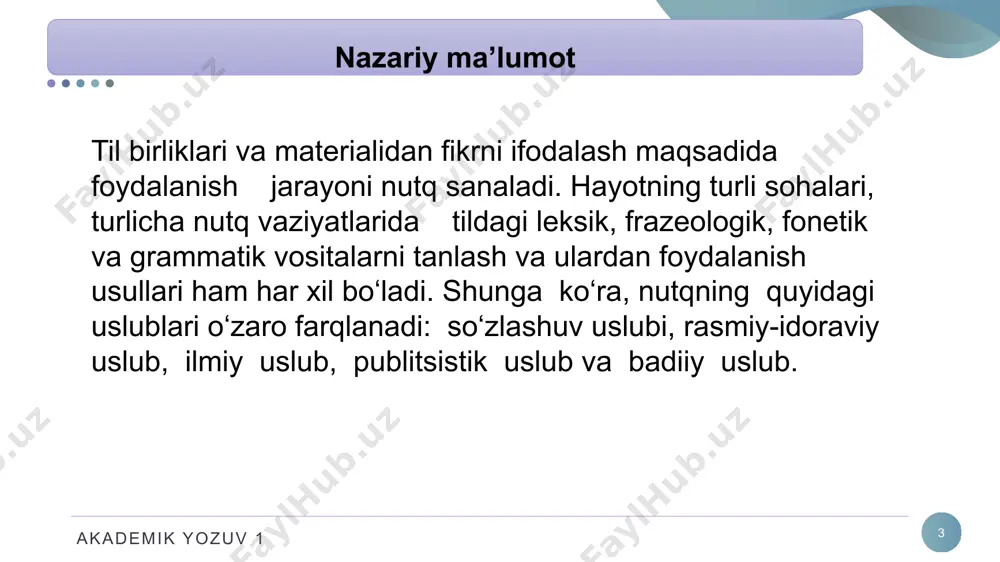 ik yozuv 1 12 1.n. jiyanova, o. mo‘ydinova. nutq madaniyati. – t.: “ilm ziyo zakovat”, 2019. 221 b 2. xolmonova z. adabiy tildan ma’ruzalar umumlashmasi-t.: «o‘zbekiston», 2013, 250 b. 3. qo‘ng‘urov r., begmatov e., tojiyev yo. nutq madaniyati va uslubiyat asoslari, - t.: “fan”, 1992, 254b. 4. husanov.n., rasulov, mo‘ydinov q. nutq madaniyati va notiqlik san`ati .-t.: “iqtisod-moliya”, 2006. 5. м. ахмедова. нутқ маданияти ва профессионал нотиқлик. тату, 2017, 114б. 6.м. аминов, а. мадвалиев, н.махкамов, н маҳмудов. иш юритиш (амалий қўлланма). тошкент, 2017 й . - 440 б. 7.x.s. muhiddinova, n. a. abdullayeva. rasmiy uslubning diplomatik turlari.t; 1997 y. 8. m.abdurahmanova. o‘zbek tili fanidan uslubiy qo‘llanma. ish yuritish tili va uslubi. t., 2018. foydalanilgan adabiyotlar akademik yozuv 1 13 muhammad al-xorazmiy nomidagi toshkent axborot texnologiyalari universiteti e’tiboringiz uchun rahmat! xaitbayeva nazokat adilbek qizi o‘zbek va rus tillari kafedrasi o‘qituvchisi e’tiboringiz uchun rahmat! akademik yozuv 1 13 image6.png image9.svg image1.jpeg image2.png …