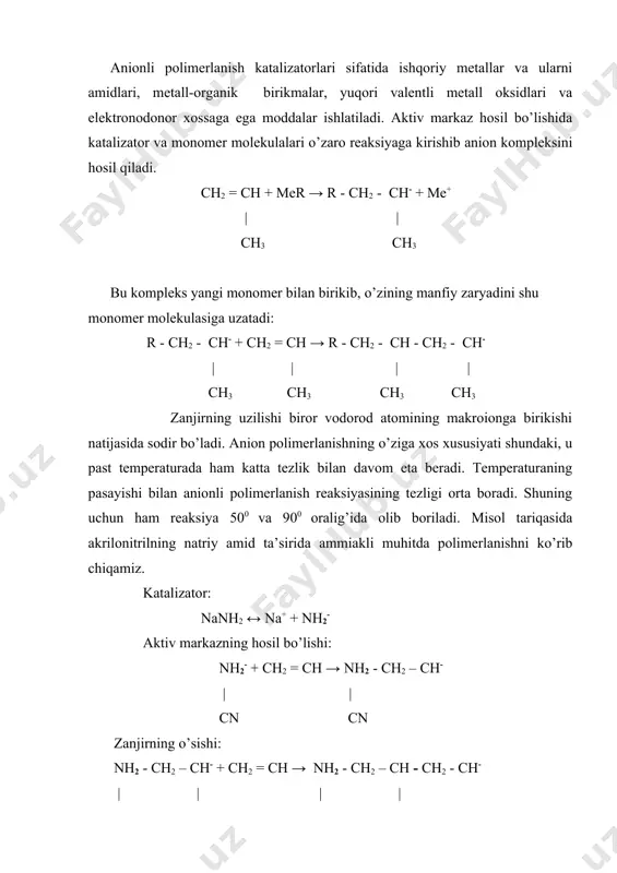 ’lsa ham, dastlab birikadigan monomer halqalarining joylashuv tartibiga ta’sir qiladi. dastlabki ion paydo bo’lishini butadienning fenilizopropilkaliy to’q qizil rangli, unga butadien qo’shilsa bu rang yo’qoladi. chunki fenilizopropilkaliyga rang beruvchi kaliy va fenil kompleksi gruppalari orasiga monomer molekulalari kirishi natijasida bu guruppalar bir-birlaridan uzoqlashadi va rangsizlanadi. polimerlanish natriy metalining sirtida boradi. reaksiya muhitida ishqoriy metall chiqarib tashlansa, polimerlanish jarayoni to’xtaydi. butidien avval metall sirtiga adsorblanib, qutblanadi va so’ngra karboanion bilan reaksiyaga kirishadi. anionli polimerlanish reaksiyasi boshqarilishi mumkin bo’lgan jarayonlar qatoriga kiradi. masalan, 1-4 birikishidagi tartibli tuzilishiga ega polibutadien alfin katalizatorlar (natriy fenolyat va natriy xlorid) ishtirokida hosil qilinsa bo’ladi. alfin katalizatorlar o’z ta’siri jihatidan oddiy metall-organik birikmalardan keskin farq qiladi. hozir shu narsa aniqlanganki, reaksiya boshlanishida dastlab, fenolyat bilan natriy xlorid aralash krestallar hosil qiladi. monomer va natriy alkil ana shu krestallar sirtiga adsorblanadi, so’ngra polimerlanish jarayoni boshlanadi. qattiq jism sirtidagi polimerlanish monomer molekulasi orientatsiyalangan holida boradi. natijada regulyar tuzilishdagi polimer …