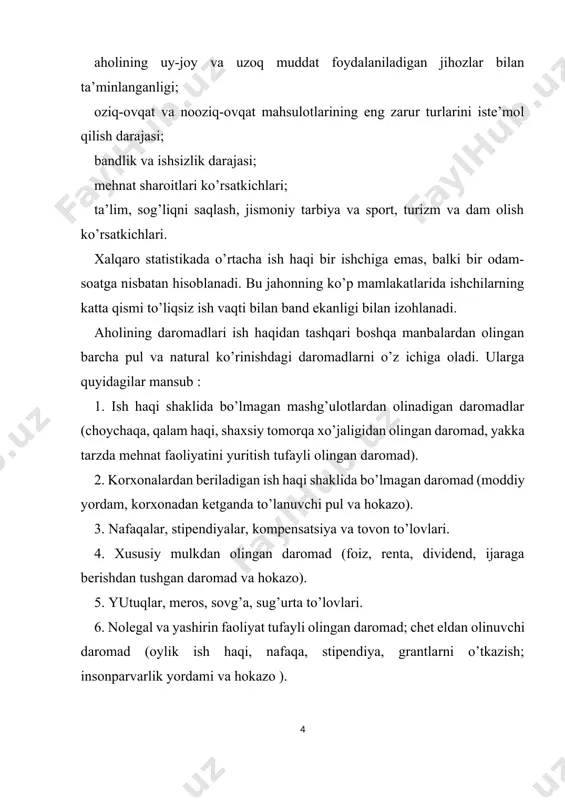 sulotlari va xizmat turlari mavjud. shu sababli narxlar indeksini har bir xizmat yoki tovar uchun aniq hisoblab chiqishning iloji yo’q. bundan kelib chiqqan holda tovar-namuna usulidan foydalanish tavsiya etiladi. iste’mol narxlarining jamlanma indeksi guruhlardagi narx indekslari har bir guruhning ishlab chiqarilgan jami mahsulot va xizmatlar qiymatidagi salmog’iga ko’ra solishtirish yo’li bilan aniqlanadi: bmt ning statistika qo’mitasi tomonidan tavsiya etilgan umumiy ko’rsatkichlardan biri daromadlar kontsentratsiyasi koeffitsiyentidir. u ko’proq “djini indeksi” nomi bilan tanilib, taqsimlashning amaldagi chetga og’ishlari darajasini belgilaydi. boshqacha qilib aytganda, agar biror mamlakat aholisining o’rtacha daromadi ma’lum bo’lsa, aholining ma’lum bir guruhi daromadlarini mamlakatdagi o’rtacha daromadga bo’lish yo’li bilan daromadlar kontsentratsiyasi koeffitsiyentining necha foizga oshganligini osongina hisoblash mumkin. aholining jamg’armalari uning daromadlari va joriy xarajatlari orasidagi farqni anglatadi. jamg’armalar pul yoki natural ko’rinishida bo’lishi mumkin. pul jamg’armalari aholi qo’lidagi pul mablag’larining o’sishi yoki qimmatbaho qog’ozlarga (aktsiya, obligatsiya, sertifikat va hokazo) kiritilgan mablag’larning o’sishini anglatadi. natural ko’rinishdagi jamg’armalar aholiga tegishli …