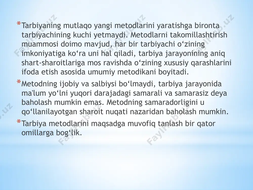 a usulni qo‘llash asosida bo‘lsin, o‘quvchining aybiga mos, muvofiq bo‘lishi, tez-tez qo‘llanilmasligi, jazolanuvchida jazoning to‘g‘ri belgilanganligiga nisbatan shubha tug‘ilmasin va ular o‘z ayblarini sezsin. jamoada muhokama qilish va jamoa tomonidan qo‘llab-quvvatlangan jazo berilsa, uning ta'sir kuchi yanada oshadi. e’tiboringiz uchun rahmat ! /docprops/thumbnail.jpeg