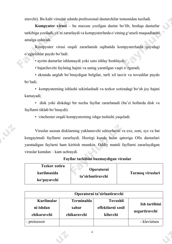 ni buzuvchi operator va qurilmalarga ta’sir etuvchi viruslar qurilmalarni buzuvchi operatorga ta’sir etuvchi displeyning lyuminafor qatlamini kuydiruvchi kompyuterlarning mikrosxemasini ishdan chiqaruvchi printerni ishdan chikaruvchi mdni buzuvchi operator texnikasiga ta’sir etuvchi hozirgi paytda hazil shaklidagi viruslardan tortib to kompyuter qurilmalarini ishdan chiqaruvchi viruslarning turlari mavjud. masalan. win 95.cih virusi doimiy saqlash qurilmasi (flash bios) mikrosxemasini buzadi. afsuski, bu kabi viruslarni yuq qilish uchun, faqat ular uz garazli ishini bajarib bo‘lgandan so‘nggina, qarshi choralar ishlab chiqiladi. win 95.cih virusiga qarshi choralarni ko‘rish imkoniyati dr.web dasturida mavjud. kompyuter viruslaridan axborotlarga ruxsatsiz kirish va ulardan foydalanishni tashkil etish shuni aytib o‘tish lozimki, hozirgi paytda har-xil turdagi axborot va dasturlarni o‘girlab olish niyatida kompyuter viruslaridan foydalanish eng samarali usullardan biri hisoblanadi. dasturli viruslar kompyuter tizimlarining xavfsizligiga taxdid solishning eng samarali vositalaridan biridir. shuning uchun ham dasturli viruslarning imkoniyatlarini taxlil qilish masalasi hamda bu viruslarga karshi kurashish hozirgi paytning dolzarb masalalaridan biri bo‘lib qoldi. viruslardan tashqari …