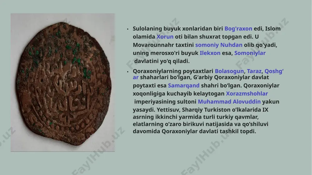 . iqtodorlar o’z tasarrufidagi hududlarda yashovchi aholidan olinadigan soliqlar evaziga katta daromadlar olganlar. uchinchidan, o’rta osiyo hududlarining qoraxoniylar davlati tarkibiga o’tishi yerli aholi etnik tarkibida ham muhim o’zgarishlarni vujudga keltiradi. qoraxoniylar hokimiyatining bu hududga yoyilishi ayni zamonda sharqiy hududlardan turkiy qavmlar, elatlarning bu yerlarga kelib, o’rnashib, o’troqlashuviga sezilarli ta’sir ko’rsatadi. bu esa, shubhasiz, o’zbek xalqining etnik shakllanish jarayoniga ta’sir etadi. ayni chog’da turkiy tilning iste’mol doirasi to’xtovsiz kengayib bordi. shu bilan birga bu tilning mahalliy xalq, elatlarning adabiy tili sifatidagi mavqei va maqomi ham tarkib topib bordi. go’zal va nafis qadimgi turkiy, ya’ni eski o’zbek adabiyotining yuksak badiiy namunalari hisoblangan mahmud qoshg’ariy, yusuf xos hojib va ahmad yugnakiylarning betakror ijodiyoti bunga yorqin dalil bo’la oladi. etiboringiz uchun raxmat image1.jpeg image2.jpeg image3.jpeg image4.jpeg image5.jpeg image6.jpeg image7.jpeg image8.jpeg image9.jpeg image10.jpeg image11.jpeg image12.jpeg /docprops/thumbnail.jpeg