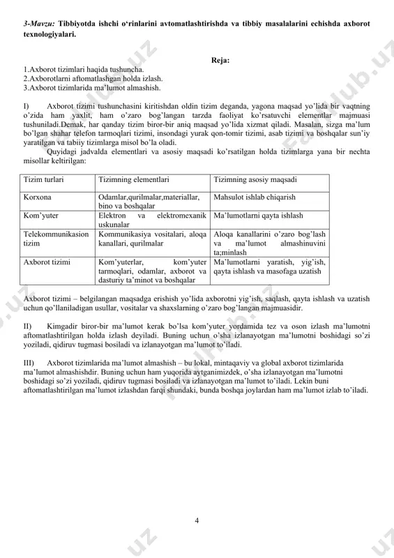 ’zi yoziladi, qidiruv tugmasi bosiladi va izlanayotgan ma’lumot to’iladi. iii) axborot tizimlarida ma’lumot almashish – bu lokal, mintaqaviy va global axborot tizimlarida ma’lumot almashishdir. buning uchun ham yuqorida aytganimizdek, o’sha izlanayotgan ma’lumotni boshidagi so’zi yoziladi, qidiruv tugmasi bosiladi va izlanayotgan ma’lumot to’iladi. lekin buni aftomatlashtirilgan ma’lumot izlashdan farqi shundaki, bunda boshqa joylardan ham ma’lumot izlab to’iladi. 4-mavzu: tibbiyot masalarini echishda axborot-kommunikatsiya texnologiyalari. reja: 1. shaxsiy kompyuterlar tasnifi. 2. shaxsiy kompyuterlar tarkibi. 3. tizimli blok va uning tuzilmasi. i) shaxsiy kompyuter – bu hammabop va qo’llashda universallik talablarini qoniqtiruvchi, bir kishi uchun foydalanadigan mikroelektron hisoblash mashinasidir. shaxsiy kompyuter quyidagi xususiyatlarga ega bo’lishi lozim: 1) atrof – muhit sharoitlariga maxsus talablarsiz foydalanish mumkinligi; 2) tuzilishining boshqarish, fan , ta’lim, turmush sohalarida turli ko’rinishda qo’llanishlarga moslashuvchanligi; 3) foydalanuvchining maxsus, kasbiy tayyorgarliksiz ishlashi imkoniyatini beruvchi operatsion tizimlar va boshqa oson dasturiy ta’minot; 4) ishlashning yuqori darajada ishonchliligi (buzilmasdan 5000 soatdan ortiq ishlashi) ii) shaxsiy …