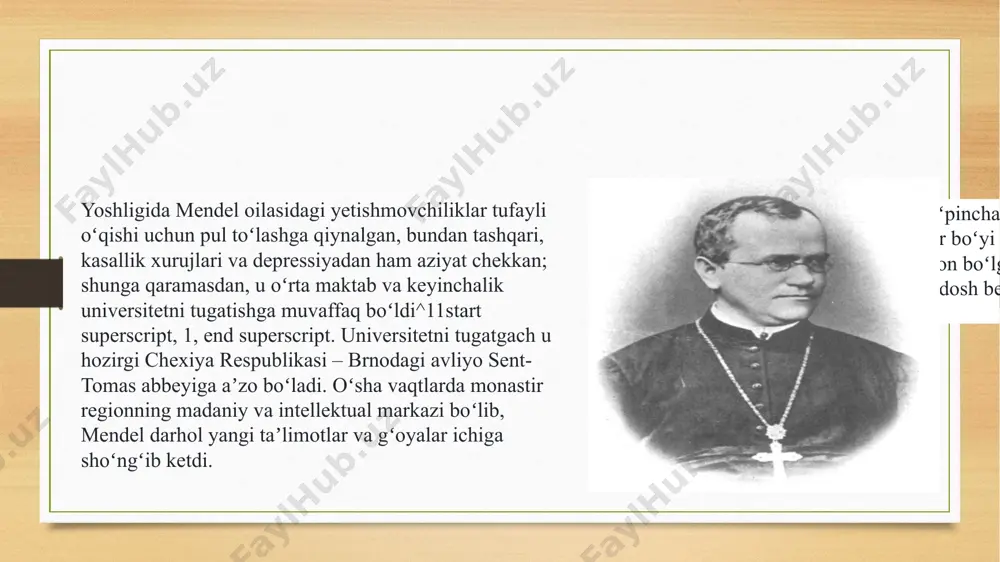 ri, mendel oʻsha belgiga ega oʻsimliklarning aniq sonini ham hisoblab bordi. hayratlanarlisi shuki, u oʻzi oʻrgangan yetti xil belgining barchasi uchun deyarli oʻxshash qonuniyatni topdi: birinchi avlodda chatishtirishdan soʻng, belgining bir shakli, masalan, uzuni har doim boshqa shaklini – kaltasini yashiradi. mendel koʻringan shaklni dominant belgi, yashiringanini esa retsessiv belgi deb atadi. ikkinchi avlodda oʻsimlik oʻzidan oʻzi changlanib, urugʻlanishiga imkon berilganda, yashiringan (retsessiv) belgilar kamroq miqdordagi oʻsimliklarda qaytadan paydo boʻldi. aniqroq aytganda, har 111 ta retsessiv belgiga har doim 333 ta oʻsimlik dominant belgi toʻgʻri kelgan, yaʼni nisbat 3:13:13, colon, 1 boʻlgan. shuningdek, mendel belgilar mustaqil holda irsiylanishini aniqlaydi: bir belgi, masalan, oʻsimlik boʻyi boshqa belgi (gul rangi yoki don shakli)ning irsiylanishiga taʼsir etmaydi. mendelning model sistemasi: noʻxat oʻsimligi mendel oʻzining muhim tajribalarini “pisum sativum” – yashil noʻxat oʻsimligi ustida oʻtkazdi. noʻxat oʻsimligi irsiyatni oʻrganish uchun qulay sistema boʻlib, genetik olimlar hozir ham uni tajribalarda oʻrganishadi. noʻxatning foydali xususiyatlari shundaki, …