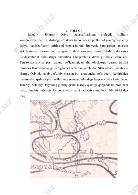 rxipelagi orollarining ba’zi joylarida +25°s ga yetadi. materikning tinch va hind okeanlariga tutash sharqiy va janubiy chekka qismlari sharoiti boshqachadir. yevrosiyoning juda katta quruqligi bilan bu okeanlar orasidagi temperatura va bosim tafovutlari yozda ayniqsa kattadir. osiyoga tinch okeandan barqaror nam havo kirib keladi va u kontinental havo massalari bilan qo‘shilgach, jala tarzidagi yog‘inlar hosil qiladi. bu havo massasi sharqiy osiyoda janubi-sharqiy musson deb ataladi. tinch va hind okeanlarida har yili iyun-oktabr oylari orasida tropik siklonlar, ya’ni tayfunlar hosil bo‘ladi; biroq tayfunlar kech kuzda ham paydo bo‘lib, sharqiy va janubiy osiyo mamlakatlariga katta ofat keltiradi. tayfunlar juda kuchli siklon po‘rtanasidan iborat bo‘lib, ularning tezligi okeanda juda kamdan-kam hollarda 350-400 km/s ga yetishi mumkin, odatda esa 200-300 km/s ra teng bo‘ladi. atmosfera sirkulyatsiyasining umumiy qonuniyatlari subekvatorial mintaqa doirasida ancha bir xilligi sababli u iqlim oblastlariga ajralmaydi. biroq, ayrim rayonlar iqlim sharoitida ma’lum tafovutlar bor, albatta. birinchidan, hindixitoy bilan hindiston yarim orollarining shimoliy …