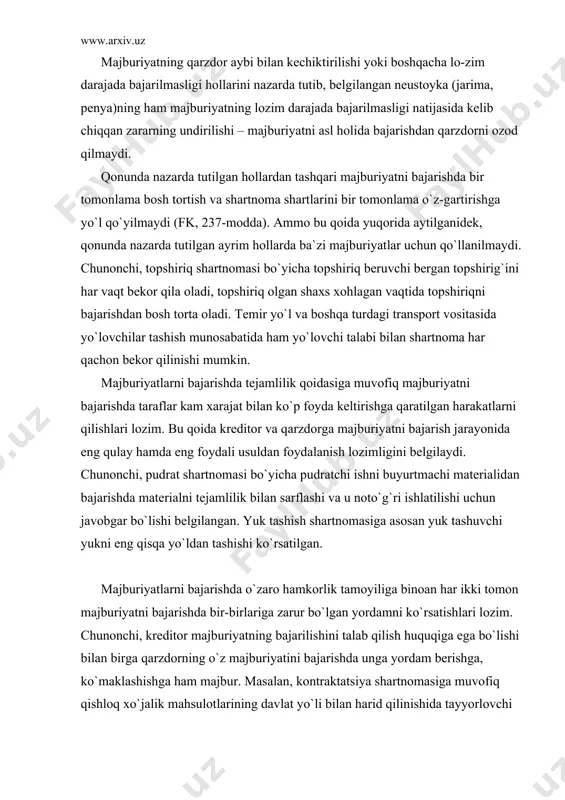 ilishini talab qilish huquqiga ega bo`lishi bilan birga qarzdorning o`z majburiyatini bajarishda unga yordam berishga, ko`maklashishga ham majbur. masalan, kontraktatsiya shartnomasiga muvofiq qishloq xo`jalik mahsulotlarining davlat yo`li bilan harid qilinishida tayyorlovchi (mahsulot qabul qiluvchi) tashkilotlar qishloq xo`jalik korxonalariga mahsulotlar yetishtirishda, mahsulotni tashishni tashkil qilishda yordam ko`rsatishi zarur. majburiyatlarni tegishli shaxs uchun bajarish tamoyili fkning 240-moddasida o`z ifodasini topgan. bunga asosan taraflarning kelishuvida boshqacha tartib nazarda tutilgan bo`lsa va ish muomalasi odatlaridan yoki majburiyatni bajarish chog`ida ijroni kreditorning o`z yoki bu ish uchun u vakolat bergan shaxs qabul qilayotganligini isbotlashni talab qilishga haqli bo`ladi va bunday talabni qo`ymaganlik oqibatlari xavfi uning zimmasida bo`ladi. majburiyatlarni bajaruvchi subyektlar (shaxslar) majburiyatni o`z nomidan ijro etuvchi va ijroni qabul qilib oluvchilar majburiyat ijrosining subyekti hisoblanadilar. ijro subyektlari majburiyat subyektlariga hamma vaqt ham o`xshamasligi mumkin. majburiyat subyektlari barcha hollarda qarzdor va kreditor bo`ladi. ijro subyektlari esa ayrim hollarda qarzdorlari uchun majburiyatni bajaruvchi boshqa biron shaxs bo`lishi, …