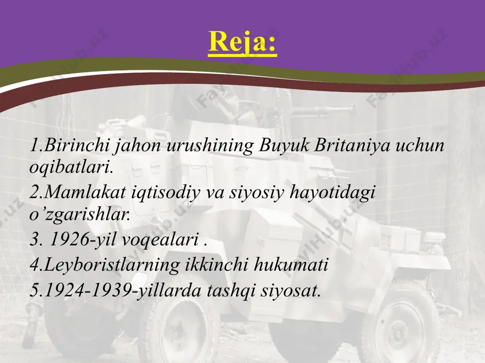 1929-yilda sanoat ishlab chiqarishi hajmi 1913-yil darajasiga arang yetdi. faqat sanoatning yangi turlari (mashinasozlik, kimyo, samolyotsozlik va avtomobil) hisobigagina bunga erishildi. 1913-yilda rivojlangan davlatlar orasida buyuk britaniyaning sanoat ishlab chiqarishidagi ulushi 14,8 foizni tashkil etgan bo'lsa, bu ko'rsatkich 1926— 1929-yillarda 9,8 foizga tushib qoldi. bu davrda mamlakat hayotini uchta partiya — liberallar, konservativ va leyboristlar partiyalari o'rtasidagi kurash belgilar edi. liberal partiya rahbari, mamlakat bosh vaziri d. lloyd-jorj (1863—1945) o'z partiyasining mavqeini saqlab qolish niyatida 1918-yil dekabr oyida parlament saylovini o'tkazdi. birinchi jahon urushida erishilgan g'alabaga qo'shgan hissasi tufayli liberal partiya harbiylar orasida salmoqli mavqega ega bo'ldi. liberallar va konservatorlar partiyasi saylovda birgalikda ishtirok etdilar. saylovda liberal-konservatorlar ittifoqi g'alaba qozondi. ular parlamentdagi 707 o'rindan 477 tasiga ega bo'ldilar (undan 136 tasi liberal partiyaga tegishli edi). leyboristlar 62 o'ringa ega bo'lgan bo'lsalarda, 1910-yildagi saylovga nisbatan 5 baravar ko'p (2,5 mln.) ovoz oldilar. shu tariqa bu partiya borgan sari liberal partiyani siyosiy …