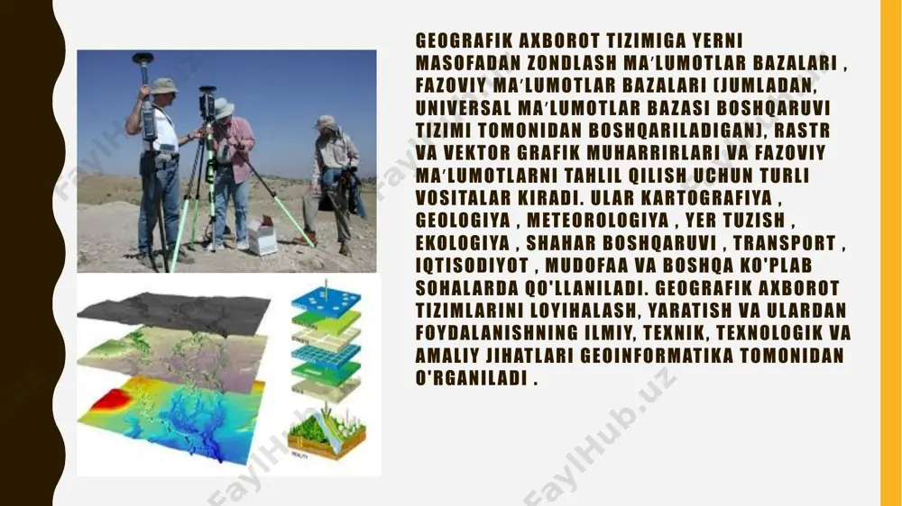 vchilar , plotterlar va grafik displeylar paydo bo'ldi. fazoviy tahlilning rasmiy usullarining paydo bo'lishi ham shu davrga to'g'ri keladi. 1970-yillarning boshidan 1980-yillarning boshigacha boʻlgan davr geografik axborot tizimlari sohasidagi hukumat tashabbuslari davri hisoblanadi, aynan shu bosqichda geografik axborot loyihalarini davlat tomonidan qoʻllab-quvvatlash geografik axborot tizimlari sohasida eksperimental ishlarning rivojlanishiga turtki boʻldi; ko'cha tarmoqlari bo'yicha ma'lumotlar bazalari, shahar chiqindilari va chiqindilarni olib tashlash tizimlari, favqulodda vaziyatlarda avtotransport vositalarining harakatlanishini ta'minlash tizimlaridan foydalanishga asoslangan; gis yoki geografik axborot tizimlari 1990-yillarning boshidan beri arxeologiyada muhim vosita bo'lib kelgan. darhaqiqat, arxeologlar gis va giscience, geographic information sciencening dastlabki o'zlashtiruvchilari, foydalanuvchilari va ishlab chiquvchilari edilar . gis va arxeologiyaning kombinatsiyasi mukammal mos deb hisoblanadi, chunki arxeologiya ko'pincha vaqt o'tishi bilan inson xatti-harakatlarining fazoviy o'lchovini o'rganishni o'z ichiga oladi va barcha arxeologiya fazoviy komponentni o'z ichiga oladi. arxeologiya tarixiy voqealar rivojiga geografiya, vaqt va madaniyat orqali qaraganligi sababli, arxeologik tadqiqotlar natijalari fazoviy ma'lumotlarga boy. gis bu …