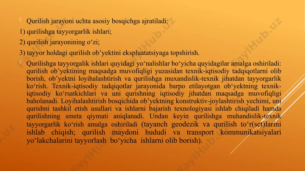 tsiya va suv xo‘jaligi, magistral quvurlar va elektruzatish liniyalari ob‘yektlarini qurish esa quyidagi xususiyatlarga ega: bitta joydagi ishlar hajmining unchalik katta emasligi, bir-biridan har xil masofalarda joylashgan turli ob‘yektlarda ishlarni olib borish zaruriyati, shuningdek yangi o‘zlashtirilgan maydonlarda u yoki bu ob‘yekt va inshootlar qurilishida ishchi xodimlarning ko‘chib yurishi. uy-joy va ijtimoiy-maishiy ob’yektlarni qurish esa kompleks qurilishlar ketma-ketligi va navbatiga qat‘iy rioya qilinganlik bilan xarakterlanadi. shuningdek, uy-joy massivlari bilan bir qatorda yo‘l, suv ta’minoti tizimi, elektr ta‘minoti, issiqlik tarmog‘i, maktab va maktabgacha tarbiya muassasalari, savdo-sotiq, madaniyat va maishiy xizmat ko‘rsatish ob’yektlari ham qurilishi kerak. ushbu ob’yektlarni qurish talablariga amal qilmaslik sanitariya hamda shahar normalari va qoidalarining buzilishiga olib keladi. ijtimoiy ahamiyatga molik ob‘yektlarni barpo etish qurilish korxonasi texnikasi, asbob-uskunalar, brigada va qurilish ishtirokchilarining doimiy ravishda ko‘chib yurishi bilan xarakterlanadi. qo‘shimcha vaqt, moliya va moddiy xarajatlar esa qurilish tashkilotlari faoliyati samaradorligining pasayishiga olib keladi. kapital qurilishda investitsiya jarayonining asosiy ishtiroqchilari sifatida odatda …