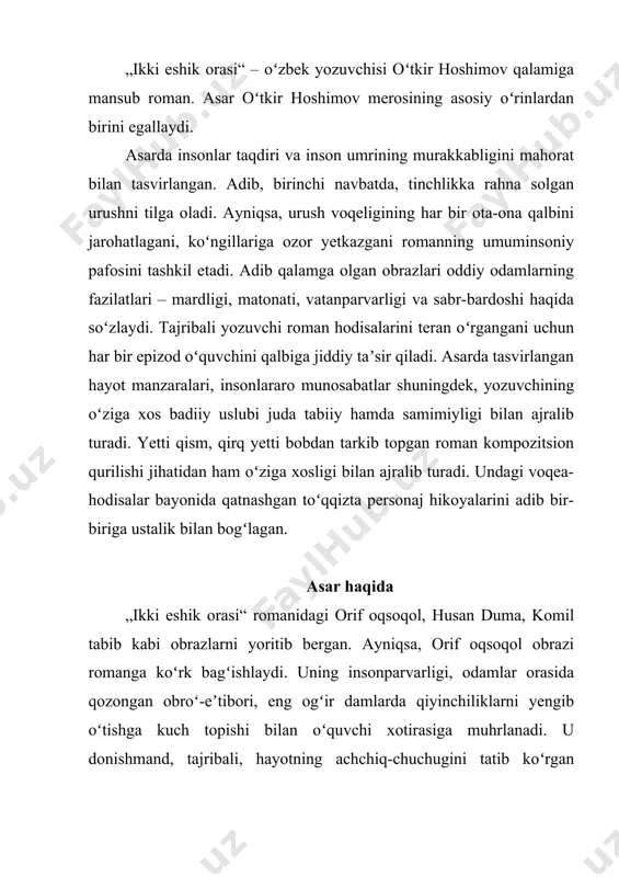 olgʻonning oʻrtasi — toʻrt enlik“, degan gap bor. qiziq, nega endi oz emas, koʻp emas, toʻrt enlik? gap shundaki, koʻz bilan quloqning orasi — toʻrt enlik ekan. eshitganingga emas, koʻrganingga ishon … maqsad — shu. bu kitobdagi koʻp odamlami oʻzim koʻrganman. koʻplari bilan gaplashganman. baʼzilarining oʻzi bilan, baʼzilarining … ruhi bilan … baʼzilari nimani gapirgan boʻlsa, shuni qogʻozga tushirdim. baʼzilari nima gapirganini emas, nima oʻylaganini yozishga majbur boʻldim.(nachora, hamma rost gapiravermaydi. ammo yolgʻon gapirayotgan odam ham ichida, baribir rostini oʻylaydi.) xullas, bu savdolar koʻp yillar davomida koʻp kishilaming boshidan kechgan. ular ustidan hukm chiqarish — sizlarga havola … tilimning uchida turgan yana bir andishani aytmasam boʻlmaydi. ehtimol, siz bu kitobda foje koʻpayibroq ketmadimikin, degan xayolga borarsiz. nachora, avvalo hayot — nuqul bayramdan iborat emas. urush esa oʻyin emas. ikkinchi jahon urushi ellik million odamning uvoliga qoldi. shundan yigirma millioni bizning odamlar edi. eng aziz, eng asl kishilarimiz. qolaversa, urush faqat …