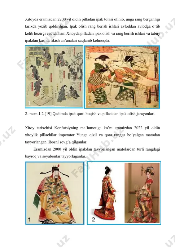 nglash jarayonlari. eramizdan 2205 yil ilgari imperator yun maxsus farmoyish chiqarib, ipak qurti boqishni rivojlantirish va undan ko’proq hosil olish uchun xalq ommasini pillachilik bilan shug’ullanishi uchun maxsus tadbir ishlab chiqqan. shundan keyin mamlakatda qurt boqish uchun ob-havo sharoiti to’g’ri kelgan joylarda tut daraxtlarini ekish va qurt urug’ini ko’paytirish ishlari yo’lga qo’yilgan. zilbermanning ma’lumotlariga ko’ra eramizdan 2200 yil oldin shandun viloyatida ipakdan juda ko’p miqdorda matolar va kiyim – boshlar tayyorlangan. 7-rasm ipakdan tayyorlangan qimmatbaho liboslar. bu kiyimlar o’zining chiroyligi va nafisligi bilan bebaho hisoblanib, noyob mato sifatida foydalanilgan. bunday matolarni tayyorlash yildan-yilga hajmi ortib borgan. shuningdek, matolarga oltin suvi va qimmatbaho qush va parranda- larning patlaridan qo’shib, to’qila boshlangan. shuning uchun o’sha davrdan boshlab, ko’p asrlar davomida xitoyda ipak pul muomila vositasi bo’lib, undan qarzlarni to’lash mulki sifatida ham foydalanilgan. xitoy davlati iv-asr boshlariga qadar ipak bilan boshqa mamlakatlarda savdo-sotiq ishlarini qilmagan. ipak qurtini boqish va undan ipak olish …