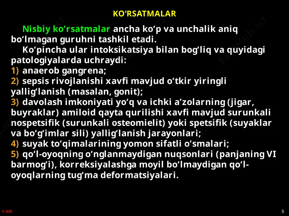 suyak usti pardasi qoʻshiladi. suyak plastik usul – suyak kesigi lahtak tarkibiga kiradigan suyak usti pardasi bilan birga yopiladi. © gid 13 amputatsiya va ekzartikulyatsiya tasnifi mioplastik amputatsiya (biriktiruvchi toʻqimali chandiq). © gid 14 sonning mioplastik amputatsiyasi: а – teri lahtaklarini va mushaklarni kesish sathi; b – surilgan mushaklar chetlari boʻylab suyakni kesush; в – choʻltoq kurinishi; г – tashqi va ichki mushaklar guruhini tikish; д – oldingi va orqa mushaklar guruhini kesish. fassioplastik amputatsiya (teri, teri osti kletchatkasi, fassiya). kalender va v.d.chaklin usuli. periostoplastik amputatsiyalar (bolalar va qariyalarda). amputatsiya va ekzartikulyatsiya tasnifi suyak-plastik amputatsiyalar. suyak-plastik amputatsiyani n.i.pirogov (1853) joriy qilgan (boldir-panja boʻgʻimida). gritti (1856 y.), yu.k.shimanovskiy (1861 y.) – sonning suyak-plastik amputatsiyasi (tizza qopqogʻi). bir, 1891 y. – boldirda. © gid 15 qoʻlda bu usul qoʻllanilmaidi. amputatsiya va ekzartikulyatsiya tasnifi suyak usti pardasini qayta ishlash va suyakni arralash: a) subperiostal (1818 yilda valter va 1848 yilda olle taklif qilgan) …