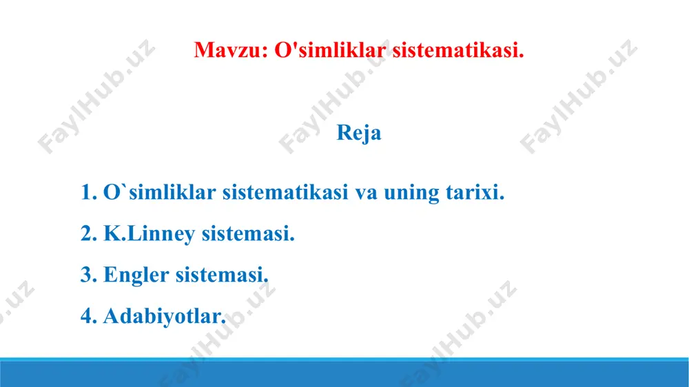 mlari bilan tasvirlagan. qadimgi rimning o`simliklar bilan shug`ullanganlaridan pliney starshiydir. dioskarid va pliney starshiy gullaydigan va gullamaydigan o`simliklarni aniqlab, ularga lotincha nom bera boshlaganlar. mas:achillyea, adonis va boshqalar. qadimgi zamonlarda dorivor o`simliklar sohasida yozilgan xind kitoblaridan eng ahamiyatlisi "yadjur veda" hisob-lanadi. bu kitobda ko`rsatilgan dorivor o`simliklar xozir ham o`z qimmatini yo`qotgan emas. xitoyda o`sim-liklar xaqida xon-shen-nun bizning eramizdan 3000 yil ilgari "bensao"degan kitob yozgan. o`rta asrlarda o`tgan olimlardan butun dunyoga mashxur bo`lgan atoqli vrach abu ali ibn sino hisoblanadi (980-1037). avitsenna buxoroga yaqin joydagi qishloqda tug`ilgan. 1020 yilda "alqonunfit tib"deb atalgan 5 tomli kitob yozgan. petr 1 1724 yilda rossiyada fanlar akademiyasini ochish to`g`risida buyruq chiqardi. u fanlar akademiyasi oldiga rossiya florasini tekshirish vazifasini qo`yadi. shu maqsadda bir qancha ekspeditsiyalar tashkil etiladi. ekspeditsiya qatnashchisi akademik pallas "flora rossica" degan kitob yozgan. 18 asrning boshlarida shved olimi karl linney (1707-1778) o`simliklarning sistematikasini tuzadi. u 1000 ga yaqin o`simliklarni morfologik terminlarini ishlab …