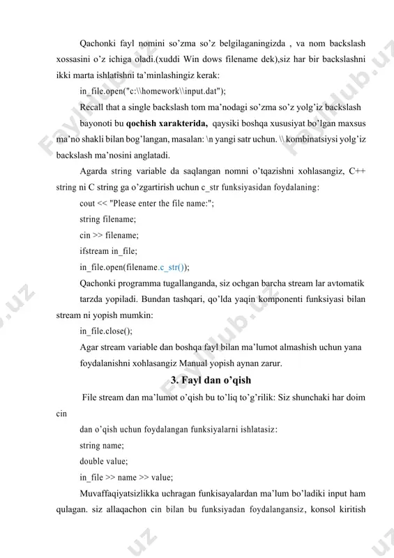 ail()) { process input. } shu bilan bir qatorda, siz bir faktdan foydalanishingiz mumkin >> operator “not failed” sharoitiga aylanadi, ya’ni, input bayonoti va test sinovi imkoniyatini bergan holda: if (in_file >> name >> value) { process input. } qachonki fayldan input ni oqiganingizda, soni formatidagi xatolar bundan tashqari, agarda faylni ochsangiz va nom mantiqan izchil emas, yoki bu nomdagi fayl mavjud emas, keyin bu file stream ham omadsizzlikka uchragan maqomiga ega bo’ladi. mag’lubiyatlarni kechiktirmasdan sinab ko’rish bu yaxshi fikr. 4. faylga yozish faylga yozish uchun, siz ofstream yoki fstream variable ni aniqlang va uni oching.. keyin output file ga ma’lumot jo’nating, bir xil operatsiyalardan foydalangan holda, qaysiki cout lar bilan: ofstream out_file; out_file.open("output.txt"); out_file > rank; biz keyin bola ning ismi uch qadriyatlar majmuyi o’qidik ism: string name; int count; double percent; in_file >> name >> count >> percent; keyin biz qizlar uchun bosqichni takrorlaymiz. chunki harakatlar o’ziga xos, …
