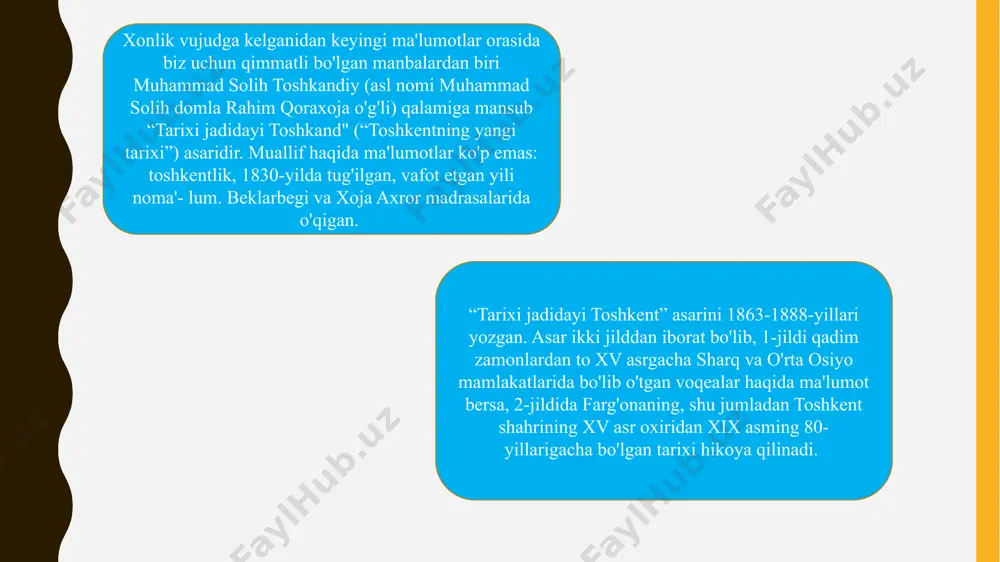 bilan shug‘ullangan ba’zi tarixchilar: 2. sho‘rolar davrida qo‘qon xonligi tarixining o‘rganilishi xonlik tarixiga oid muhim asar r. nabiyevn'mg “iz istorii kokandskogo xanstva” (“feodalnoe xozyaystvo xudoyar-xana”) asaridir. asar xonlik tarixiga oid manbalar va tarixiy hujjatlar asosida vujudga kelgan. unda sheralixonning taxtga kelishi, qipchoqlaming hokimiyatga kelishi, xudoyorxon, mallaxon, sulton said davrlaridagi voqealar bayon etilgan. muallif xudoyorxon davrida xo'jalik yuritilishi, davlat boshqaruvidan tortib, soliq va majburiyatlar, xon xazinasigacha bo'lgan ma'lumotlarga chuqur yondashgan. 387 betdan (shu jumladan, 37 ta ilovadan) iborat “iz istorii kokandskogo xanstva” asari 1973-yili toshkentda “fan” nashriyotida chop etilgan. 1987-yilda “alma-ata” nashryotidan t. k. beysenbiyev qalamiga mansub, qo'qon xonligi tarixi haqida keng ma'lumot beruvchi “tarixi shaxruxi” kak istoricheskiy istochnik” asari chop etildi. asarda “tarixi shaxruxi”ning yaratilishi hamda muallif haqida ma'lumotlar bor. t. k. beysenbiyev o'z asarida shu va boshqa manbalardan foydalanib, xonlik tarixiga oid muhim voqealar haqida ma'lumot berilgan. “tarixi shaxruxi” asaridagi ma'lumotlami tahlil qilib, siyosiy, ijtimoiy-iqtisodiy, madaniy voqealar, ayniqsa, aholining …