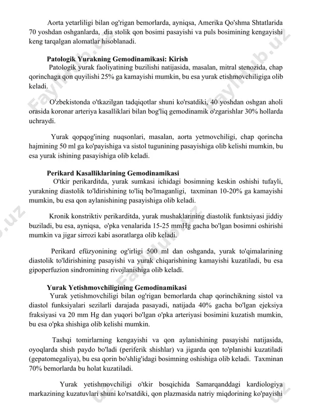 hi 25% ga kamayishi mumkin, bu esa yurak etishmovchiligiga olib keladi. o'zbekistonda o'tkazilgan tadqiqotlar shuni ko'rsatdiki, 40 yoshdan oshgan aholi orasida koronar arteriya kasalliklari bilan bog'liq gemodinamik o'zgarishlar 30% hollarda uchraydi. yurak qopqog'ining nuqsonlari, masalan, aorta yetmovchiligi, chap qorincha hajmining 50 ml ga ko'payishiga va sistol tugunining pasayishiga olib kelishi mumkin, bu esa yurak ishining pasayishiga olib keladi. perikard kasalliklarining gemodinamikasi o'tkir perikarditda, yurak sumkasi ichidagi bosimning keskin oshishi tufayli, yurakning diastolik to'ldirishining to'liq bo'lmaganligi, taxminan 10-20% ga kamayishi mumkin, bu esa qon aylanishining pasayishiga olib keladi. kronik konstriktiv perikarditda, yurak mushaklarining diastolik funktsiyasi jiddiy buziladi, bu esa, ayniqsa, o'pka venalarida 15-25 mmhg gacha bo'lgan bosimni oshirishi mumkin va jigar sirrozi kabi asoratlarga olib keladi. perikard efüzyonining og'irligi 500 ml dan oshganda, yurak to'qimalarining diastolik to'ldirishining pasayishi va yurak chiqarishining kamayishi kuzatiladi, bu esa gipoperfuzion sindromining rivojlanishiga olib keladi. yurak yetishmovchiligining gemodinamikasi yurak yetishmovchiligi bilan og'rigan bemorlarda chap qorinchikning sistol …