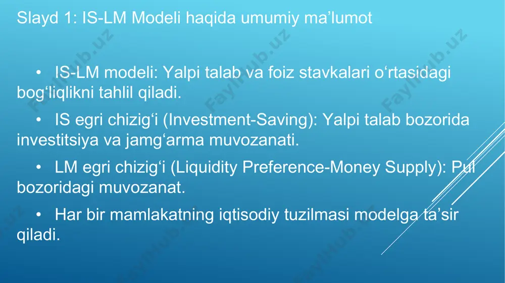 ortiga qaratilgan iqtisodiyot, yuqori foiz stavkasi, past davlat qarzi. • xulosa: is-lm modeli mamlakatlarning iqtisodiy siyosat va foiz stavkalari orqali o‘sish va barqarorlikka qanday ta’sir qilishini ko‘rsatadi. e’tiboringiz uchun raxmat!
